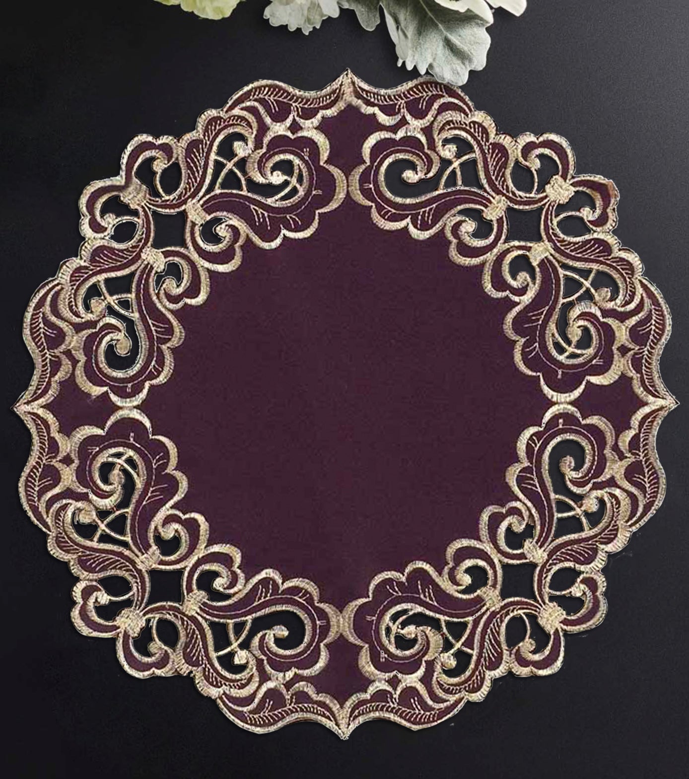 Amethyst Haze – Plum Gold Table Doilies, Granada Collection Artistic Table Décor 15 inch