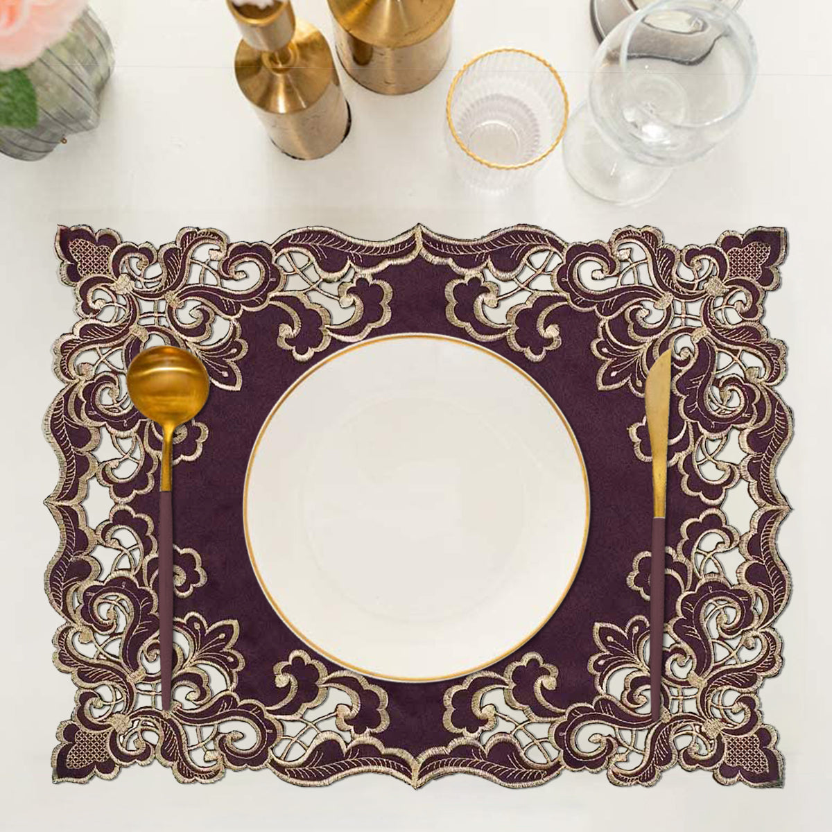 Amethyst Haze – Plum Gold Table Placemats, Granada Collection Artistic Dining Décor 12*18 inch