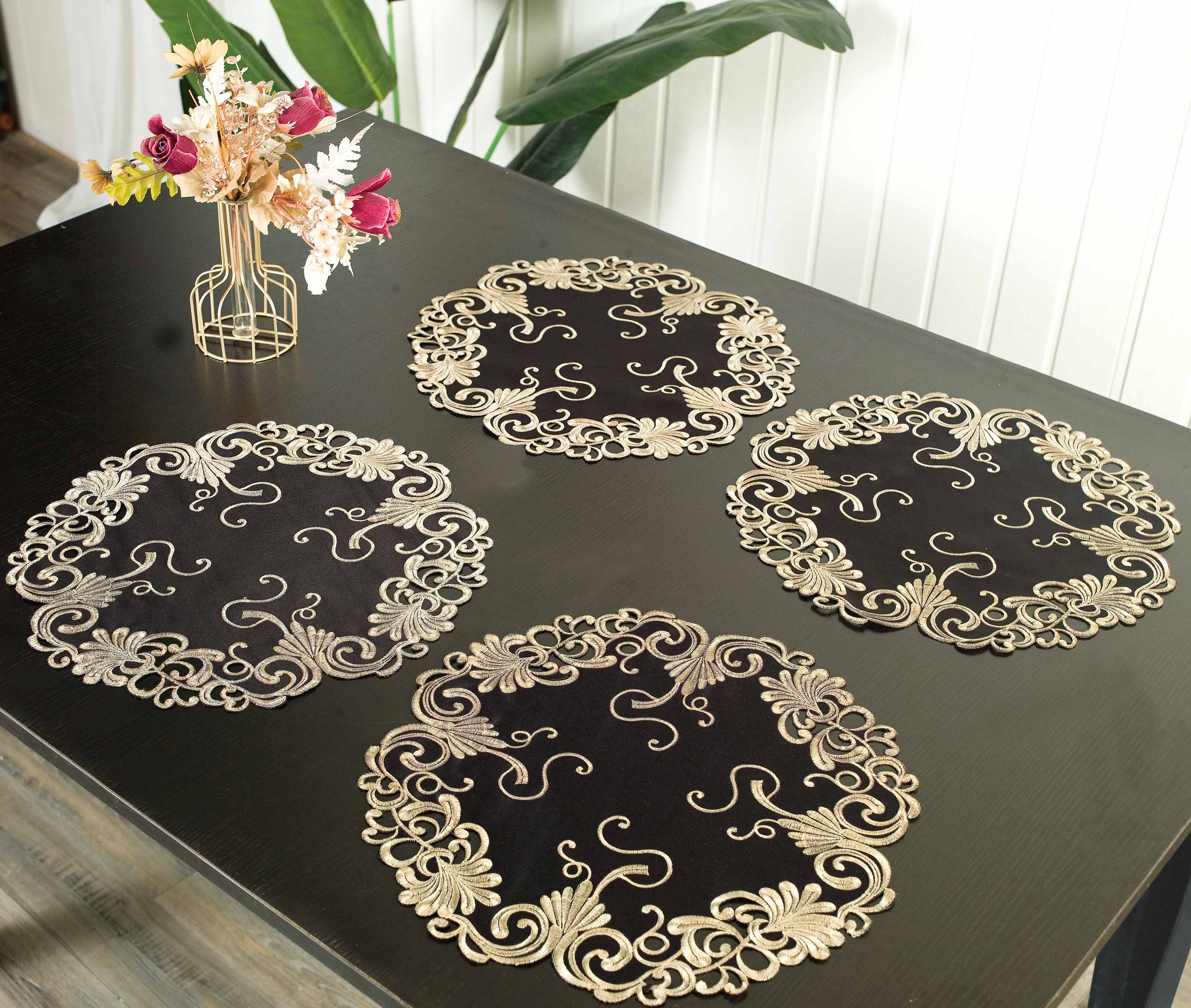 Golden Night – Black Gold Table Doilies, Chantelle Collection Decorative Home Accent 15 inch