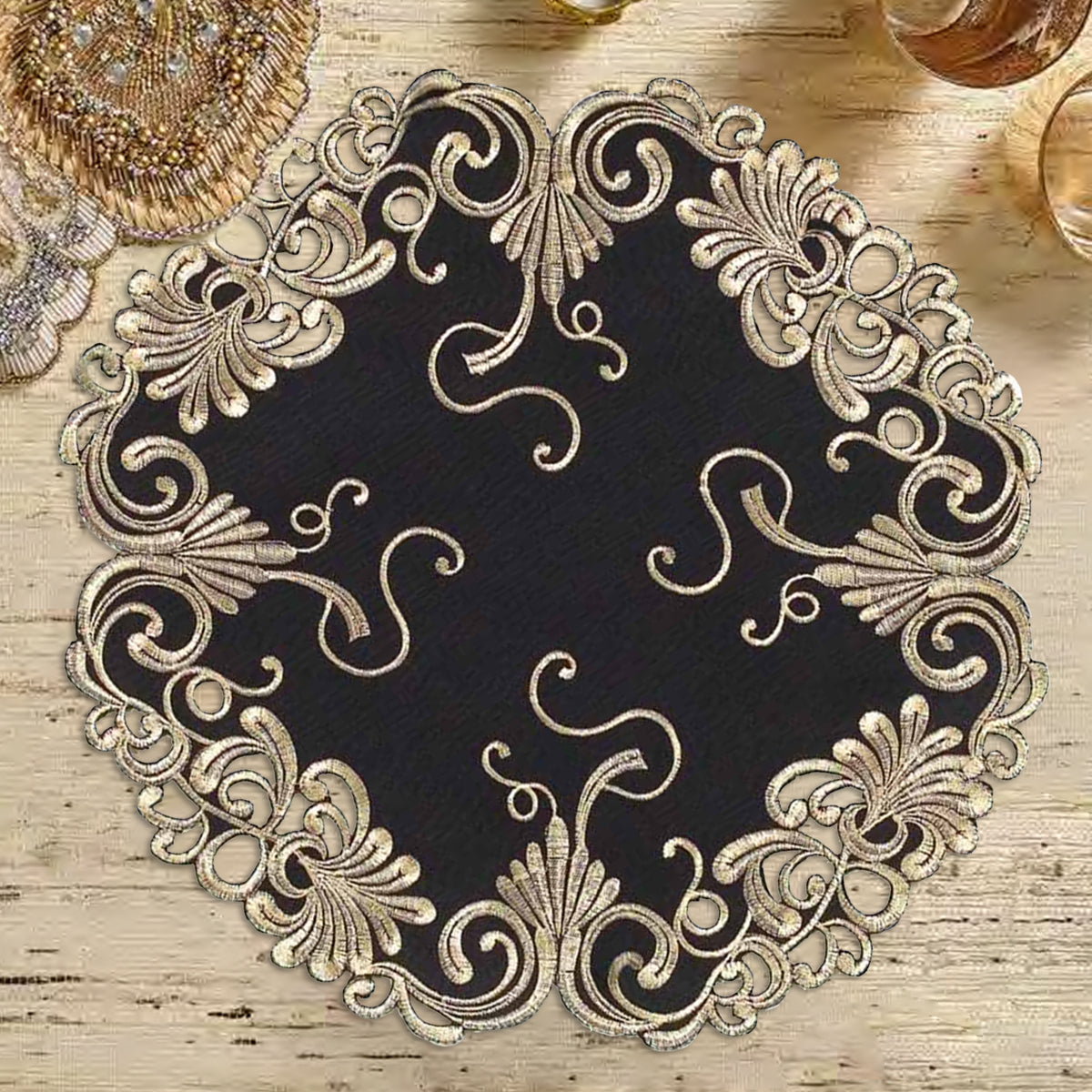 Golden Night – Black Gold Table Doilies, Chantelle Collection Decorative Home Accent 15 inch