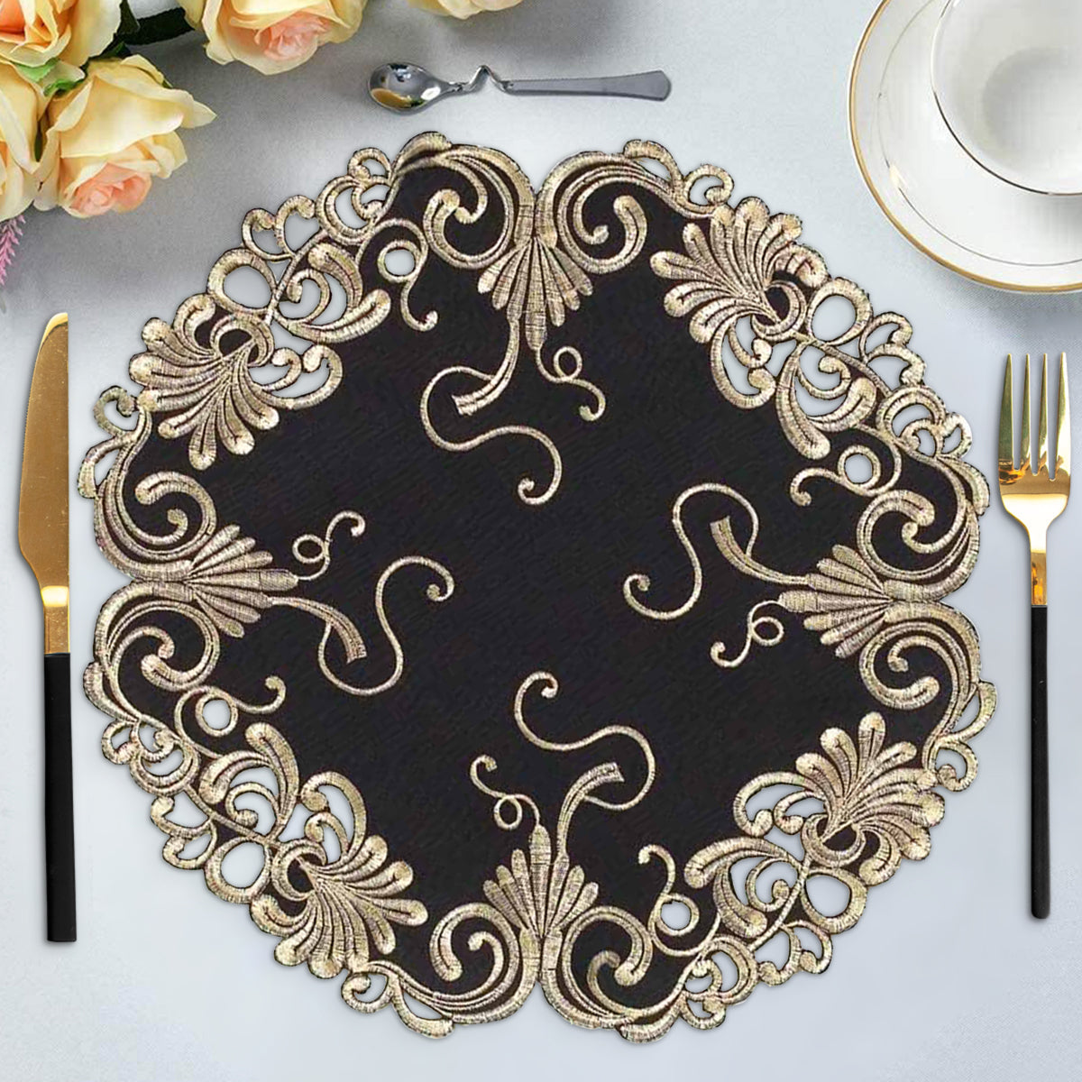 Golden Night – Black Gold Table Doilies, Chantelle Collection Decorative Home Accent 15 inch