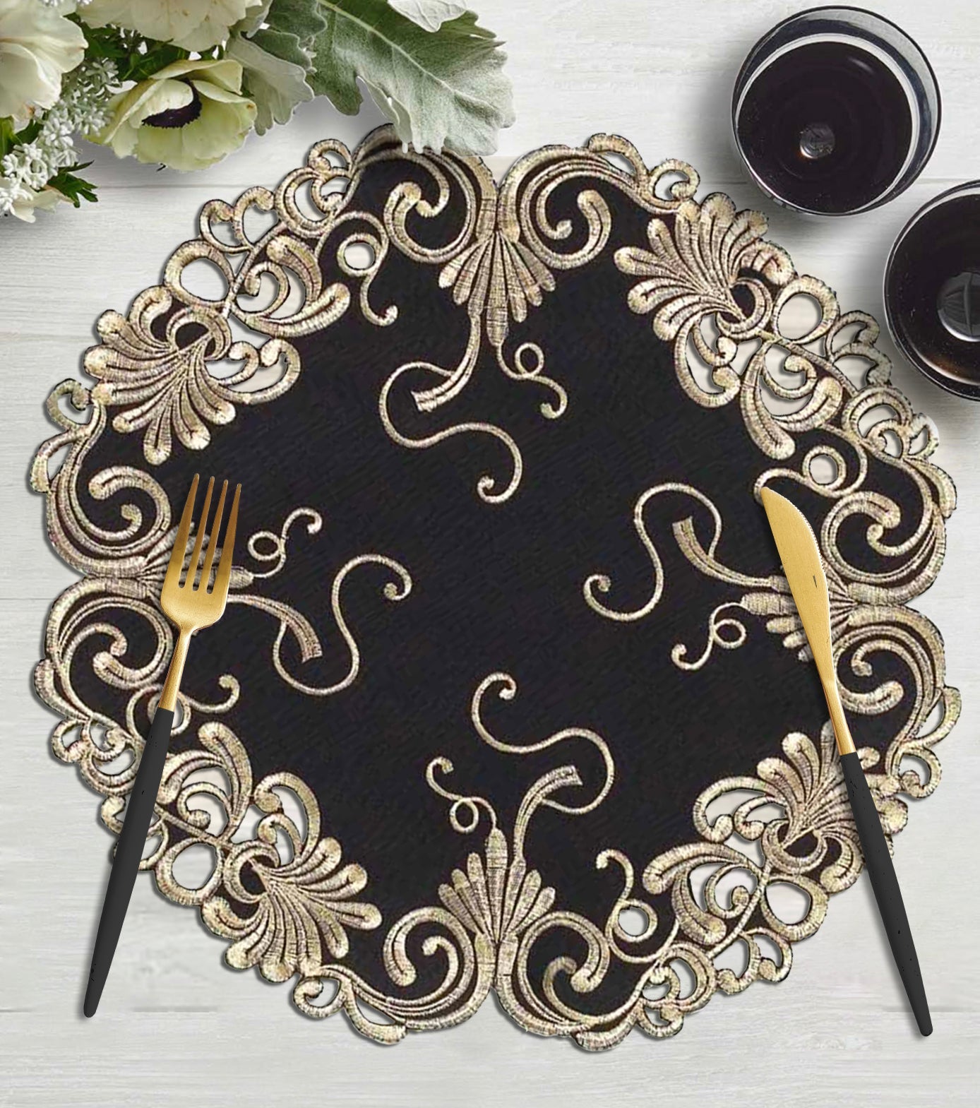 Golden Night – Black Gold Table Doilies, Chantelle Collection Decorative Home Accent 15 inch