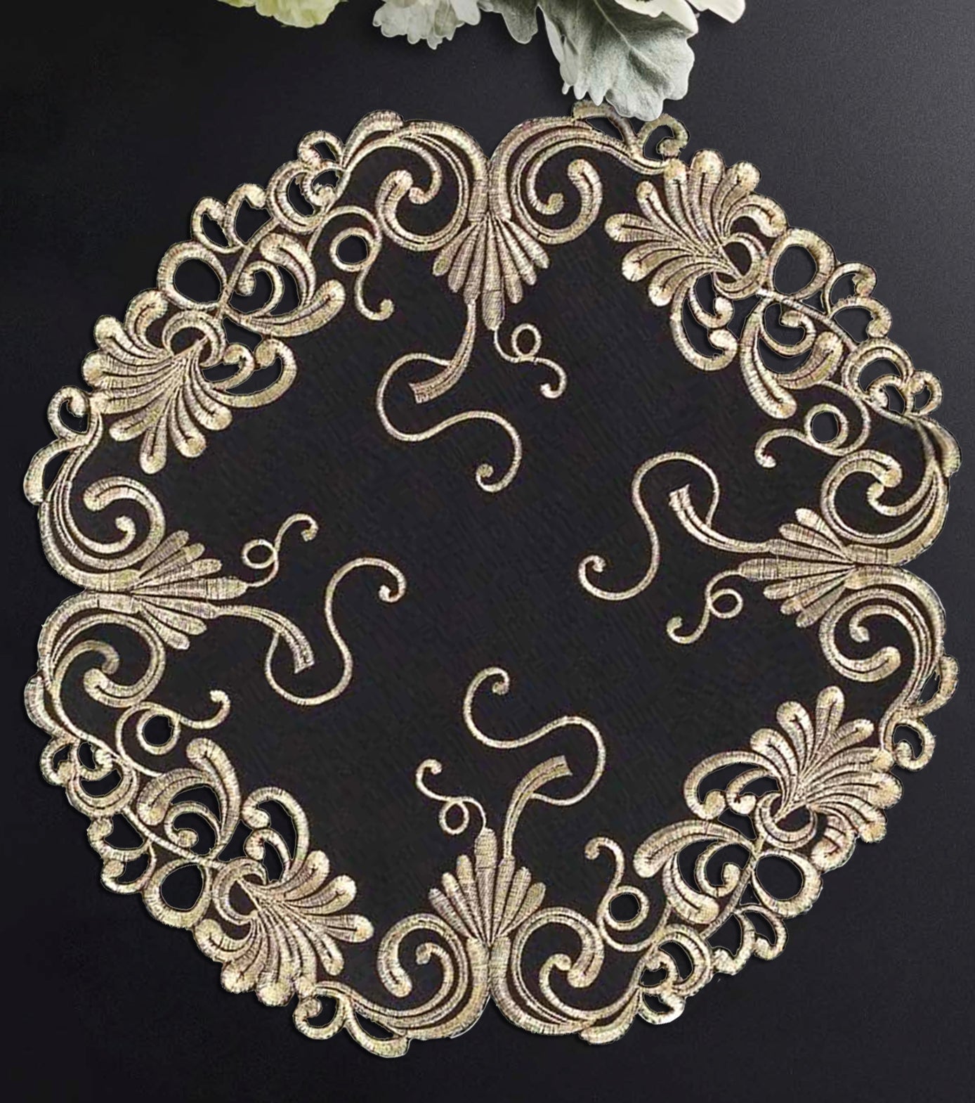 Golden Night – Black Gold Table Doilies, Chantelle Collection Decorative Home Accent 15 inch