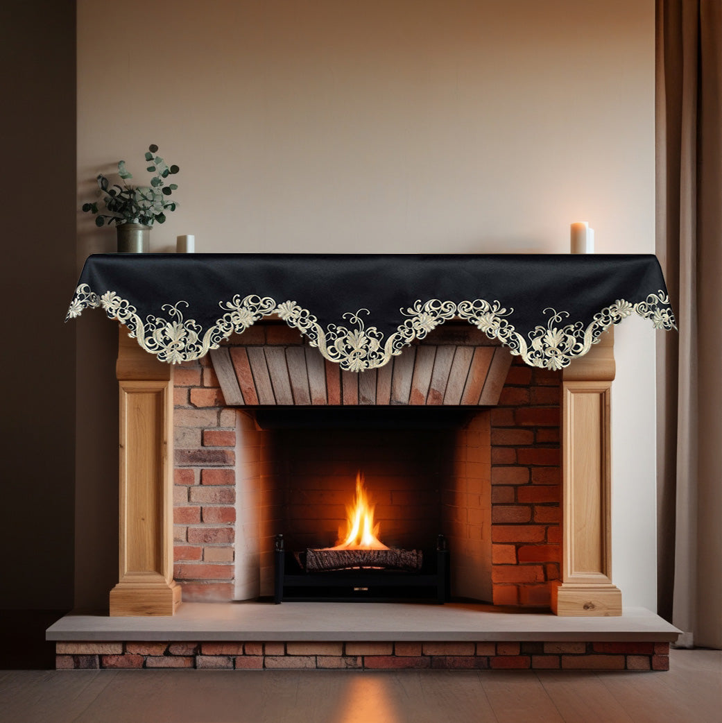Golden Night – Black Gold Mantel Scarf, Chantelle Collection Elegant Decorative Home Décor 18*90 Inch