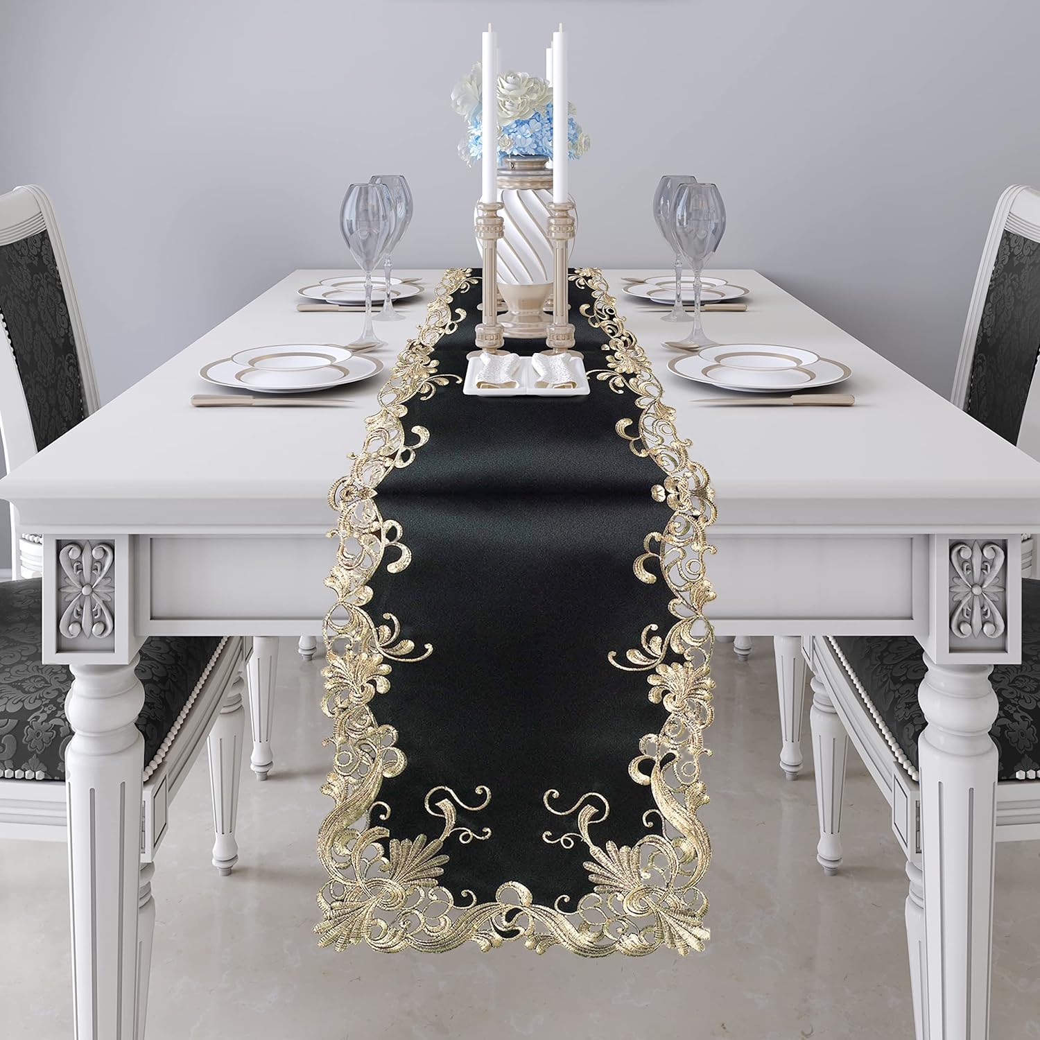 Golden Night – Black Gold Table Runner, Chantelle Collection Decorative Home Accent 14*108 inch