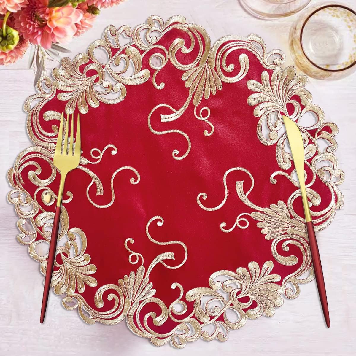 Burgundy Charm – Burgundy Gold Table Doilies, Chantelle Collection Artistic Table Décor 15 inch
