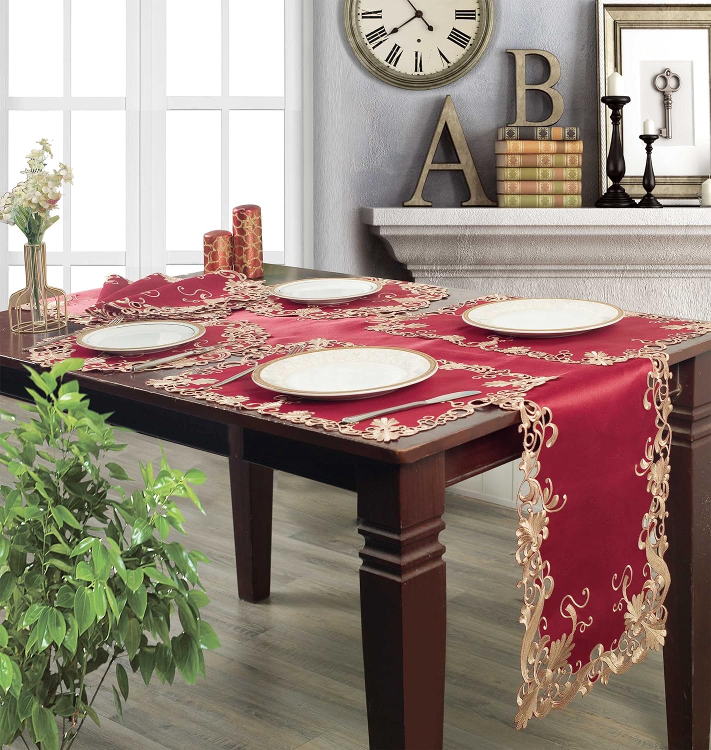 Burgundy Charm – Burgundy Gold Table Doilies, Chantelle Collection Artistic Table Décor 15 inch