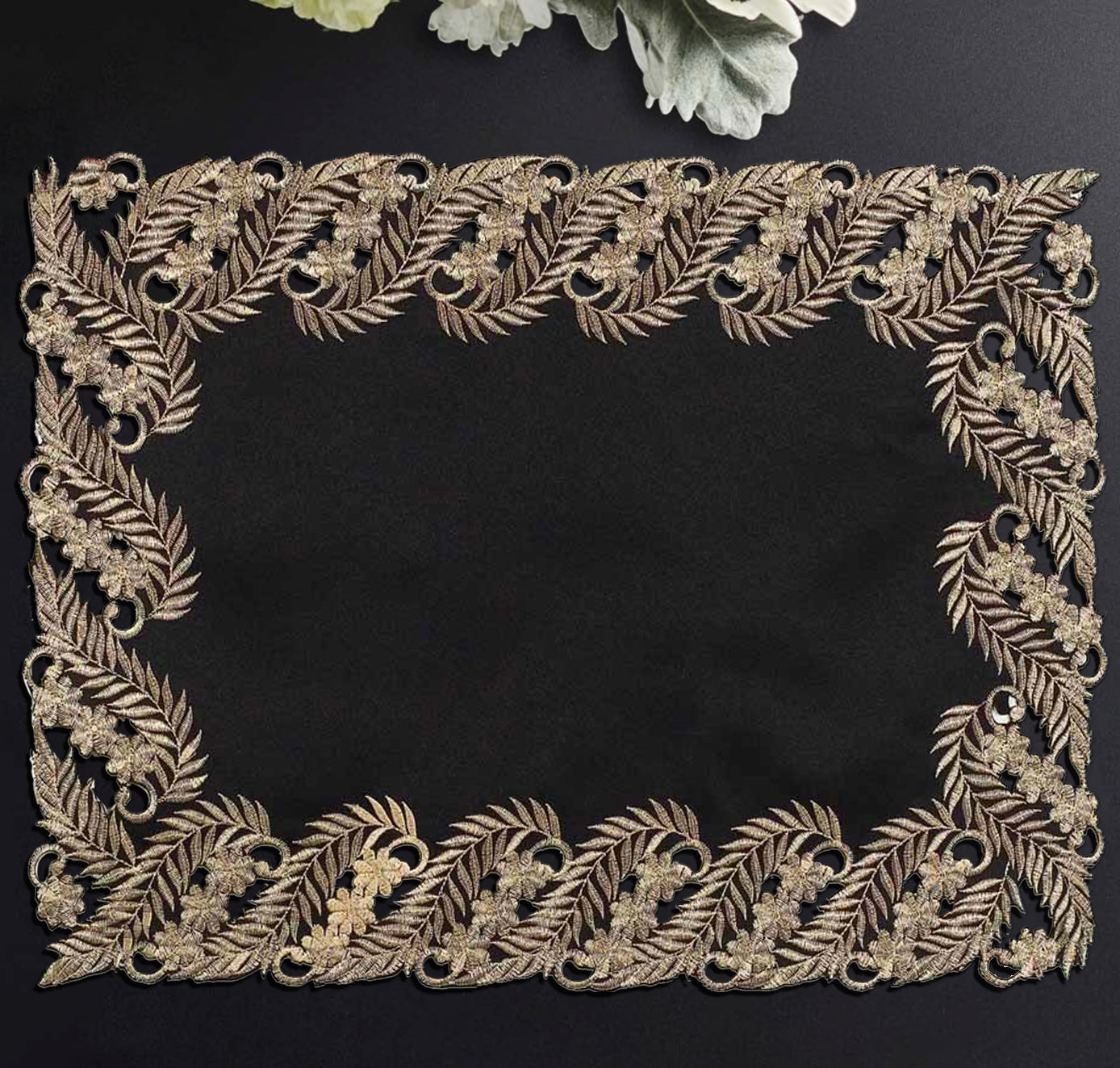 Ebony Bloom – Black Gold Table Placemats, Anyce Collection Elegant Decorative Dining Décor 12*18 inch