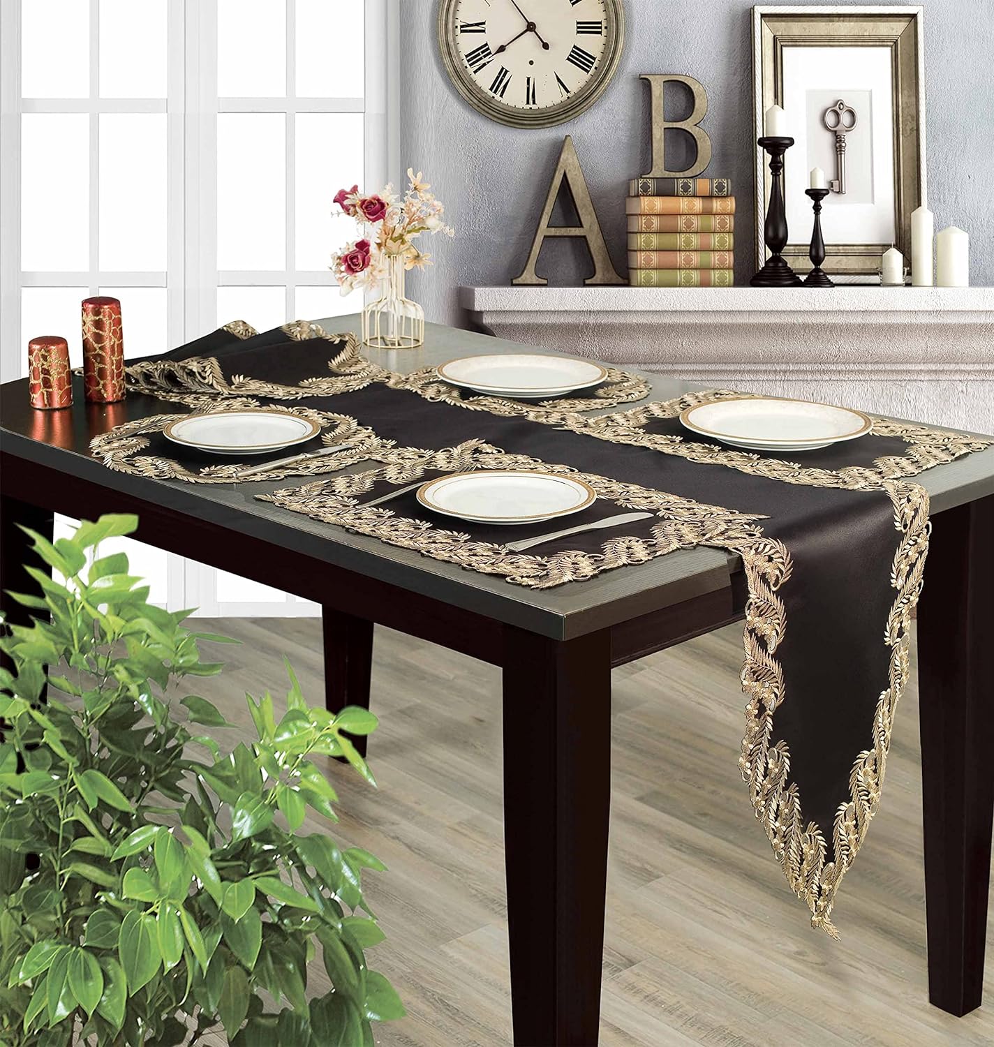 Ebony Bloom – Black Gold Table Placemats, Anyce Collection Elegant Decorative Dining Décor 12*18 inch