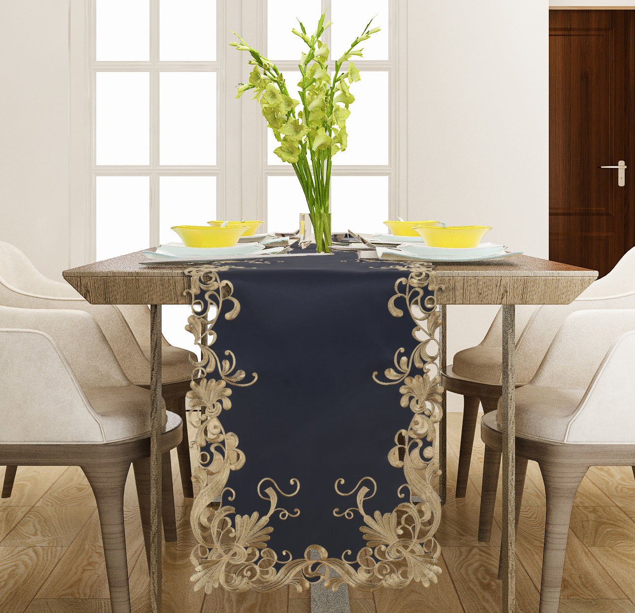 Ebony Bloom – Black Gold Table Runner, Anyce Collection Elegant Decorative Runner 14*108 inch