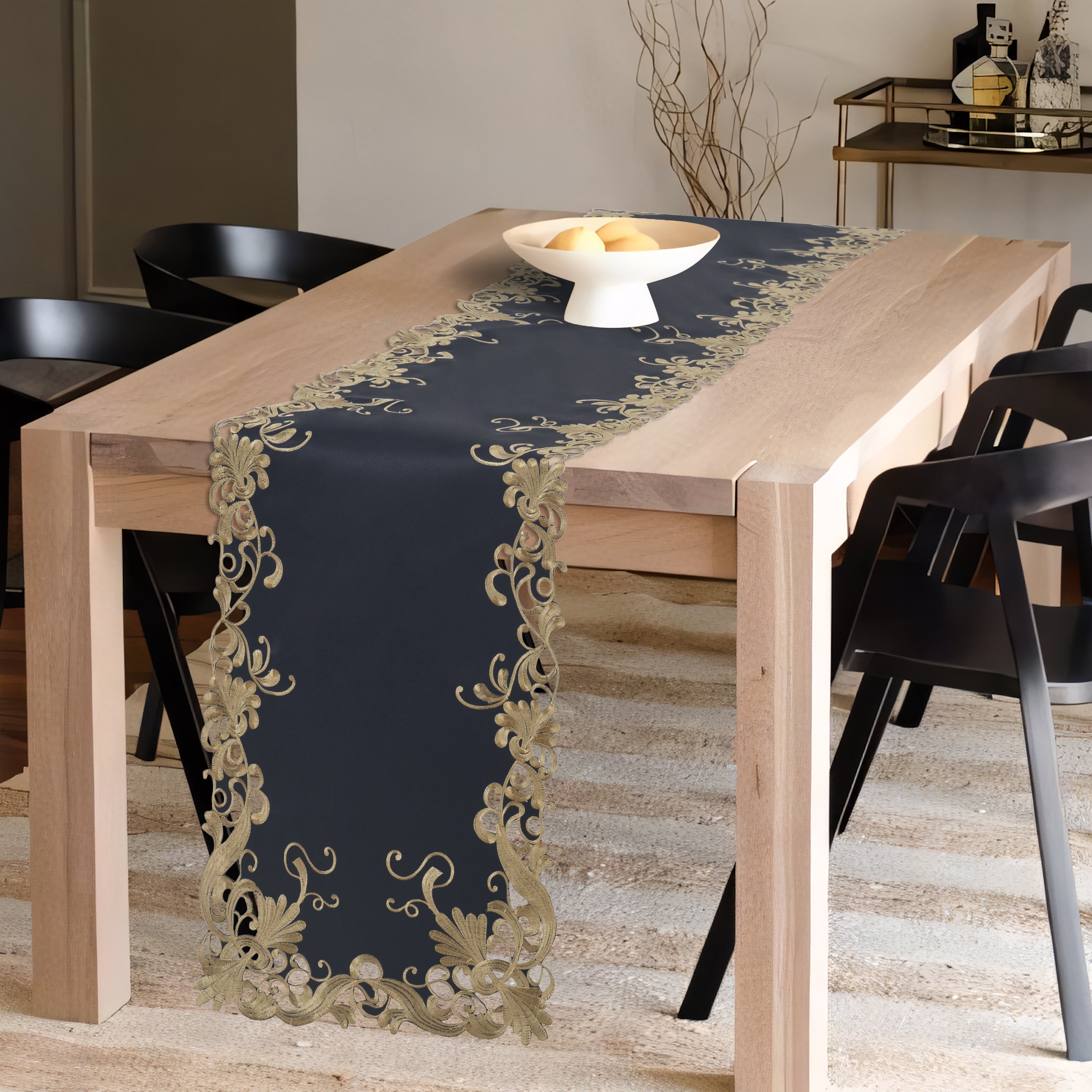 Ebony Bloom – Black Gold Table Runner, Anyce Collection Elegant Decorative Runner 14*108 inch