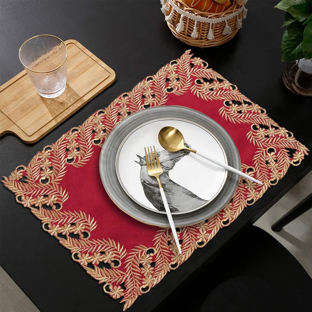 Wine Grace – Burgundy Gold Table Placemats, Anyce Collection Modern Dining Décor 12*18 inch