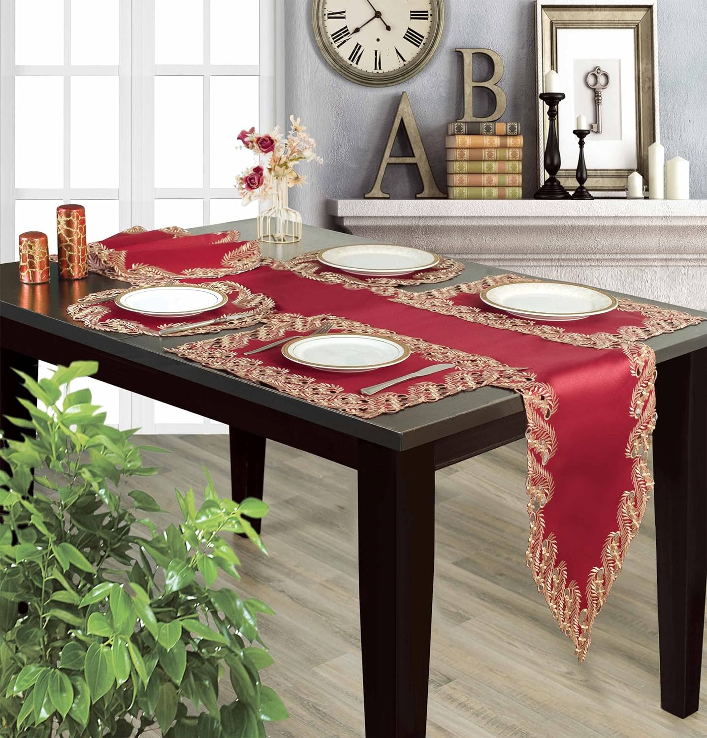 Wine Grace – Burgundy Gold Table Runner, Anyce Collection Modern Dining Accent 14*108 inch