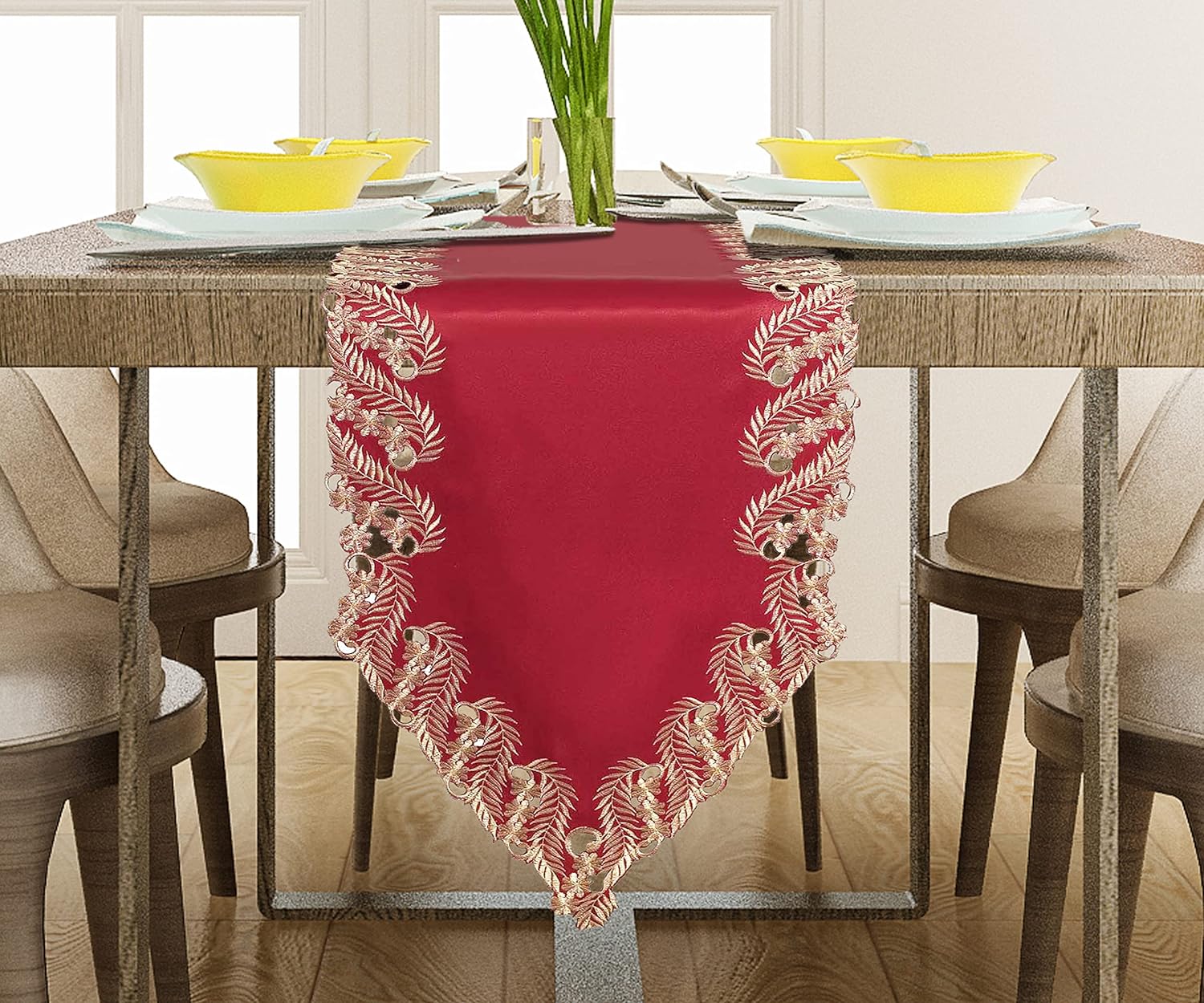 Wine Grace – Burgundy Gold Table Runner, Anyce Collection Modern Dining Accent 14*108 inch