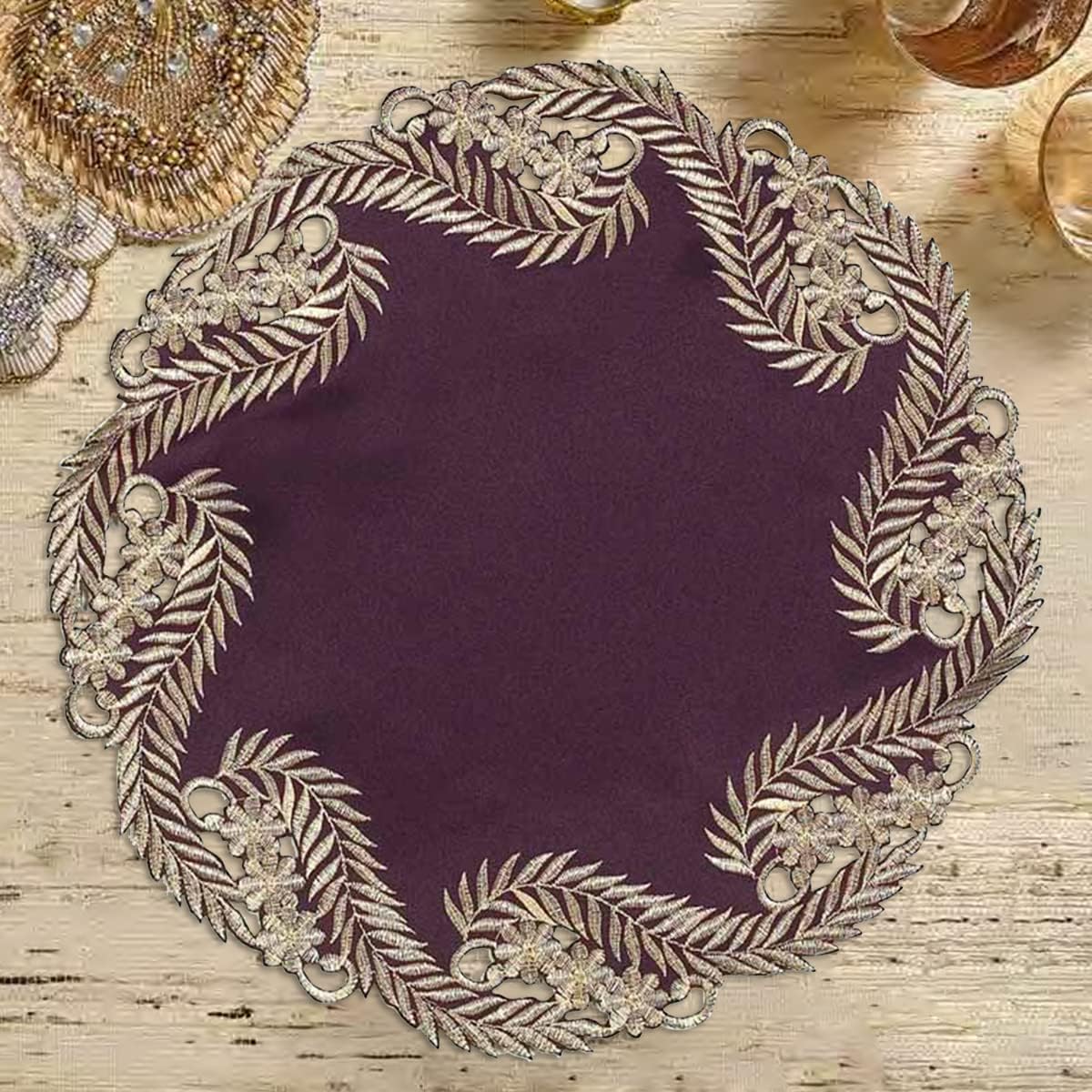 Violet Dream – Plum Gold Table Doilies, Anyce Collection Artistic Home Table Décor 15 inch
