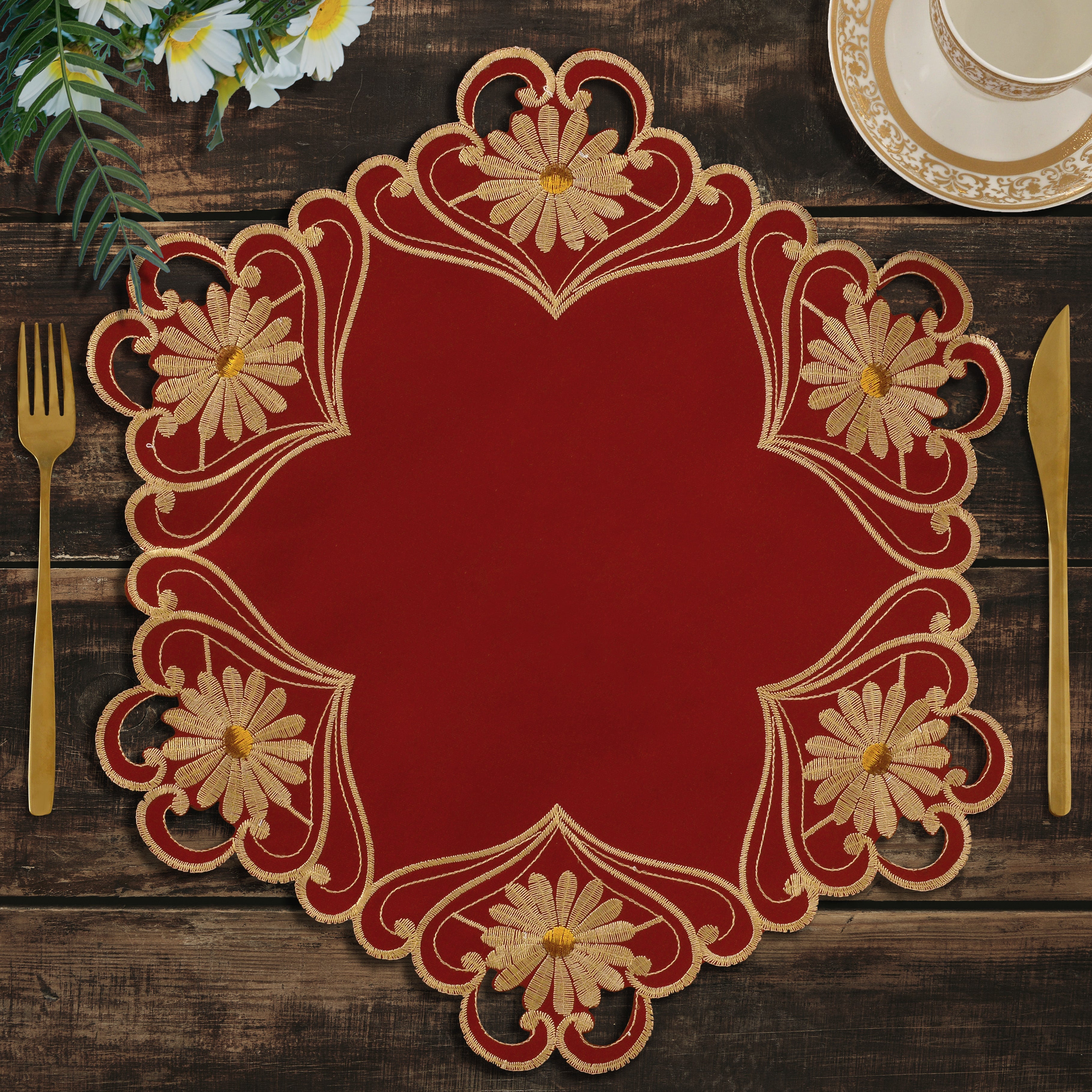 Imperial Red – Gold Lace Red Doilies, The Imperial Red Collection European Embroidery Décor 15 inch