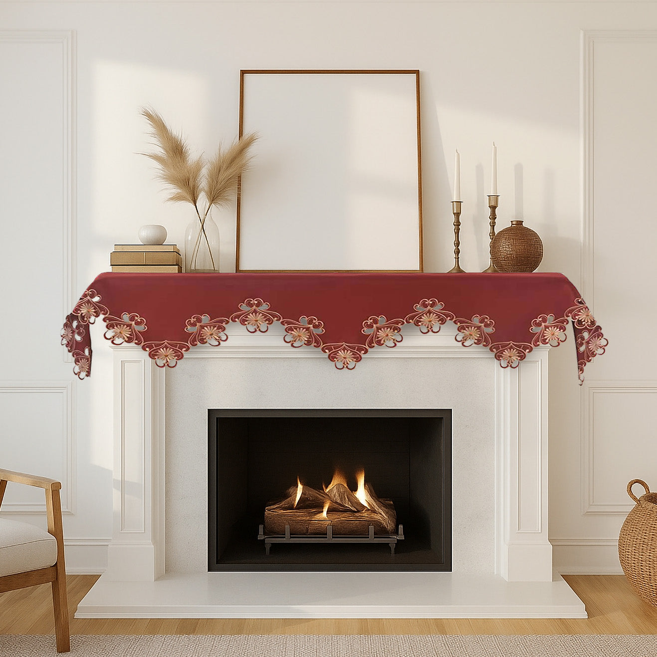Imperial Red – Gold Lace Red Mantel Scarf Cover, The Imperial Red Collection Elegant Embroidered Home Décor 18x90 inch