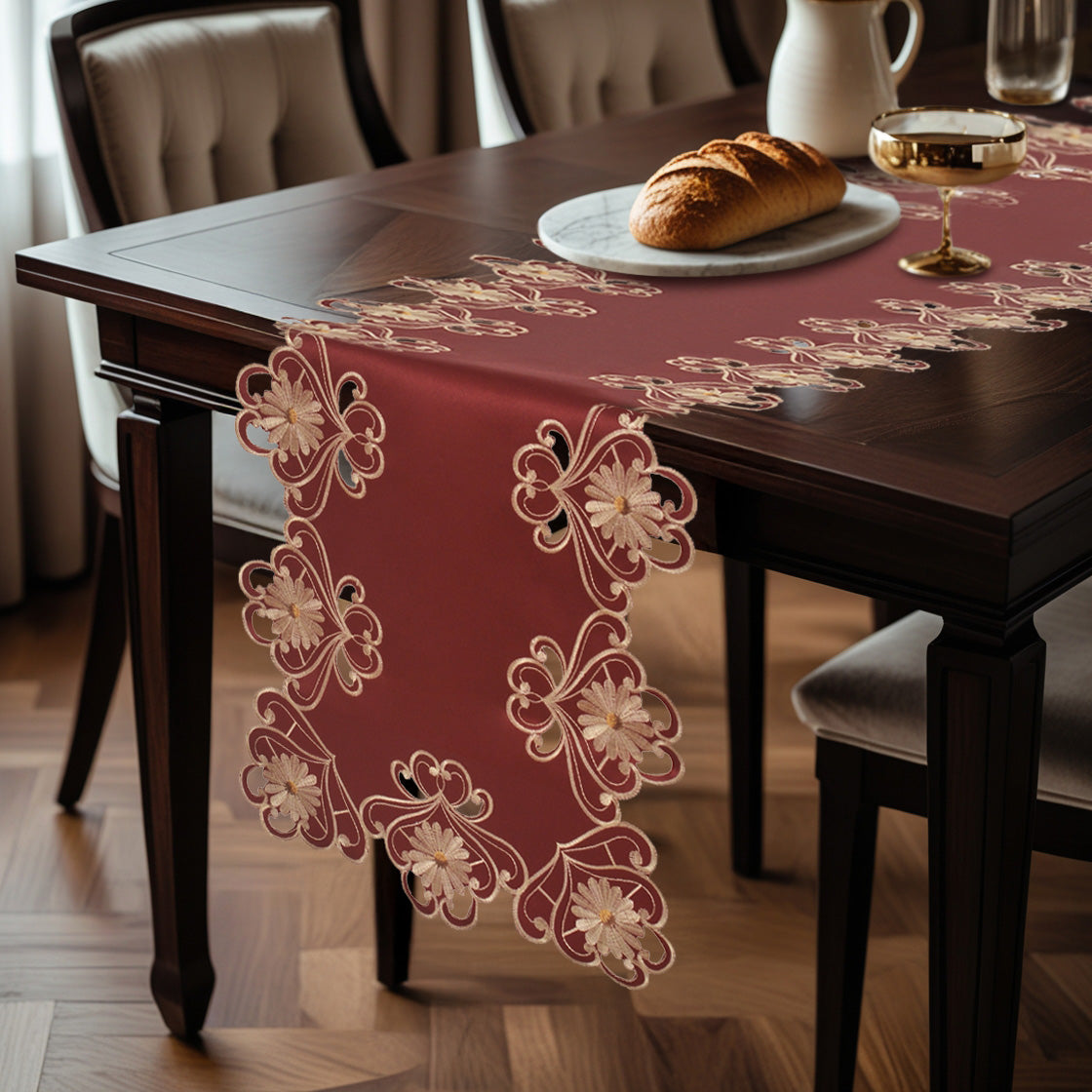 Imperial Red – Gold Lace Red Table Runner, European Embroidery Decorative Dresser Scarf 14*108 inch