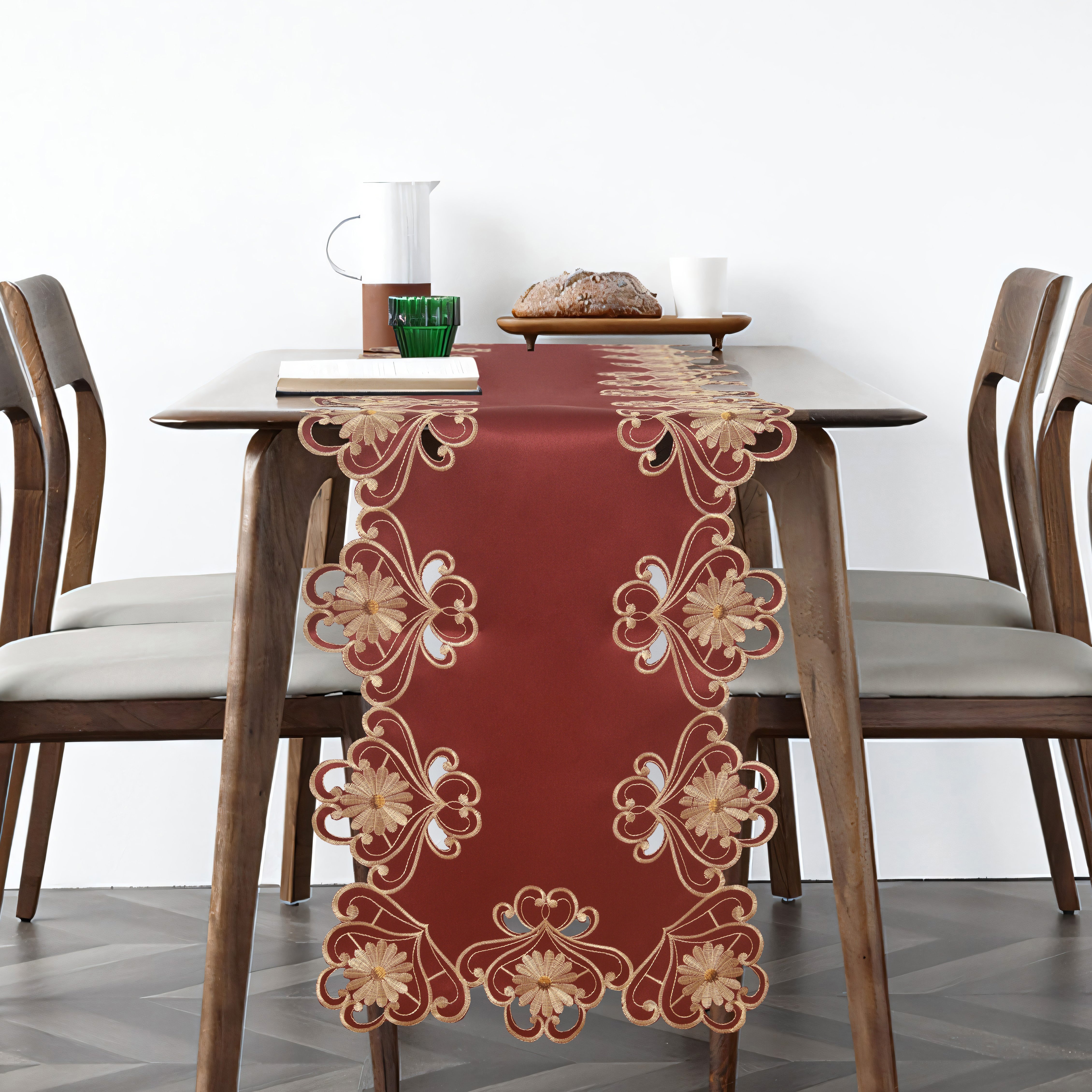 Imperial Red – Gold Lace Red Table Runner, European Embroidery Decorative Dresser Scarf 14*108 inch