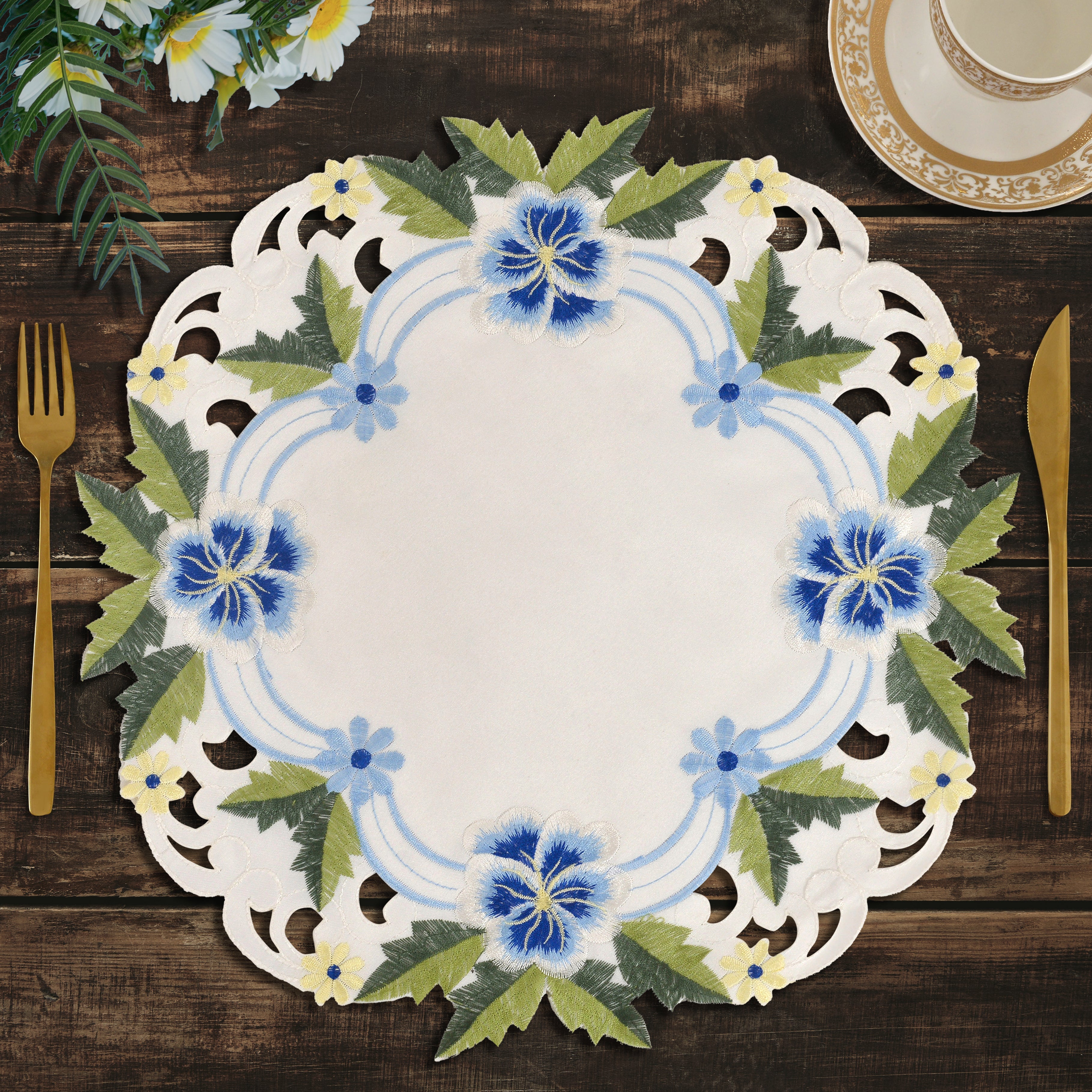 Blue or Green Lace White Doilies - Round Placemats European Embroidery for Dining Table Home Decor Wedding - 15 inches - The Eternal Grace Collection