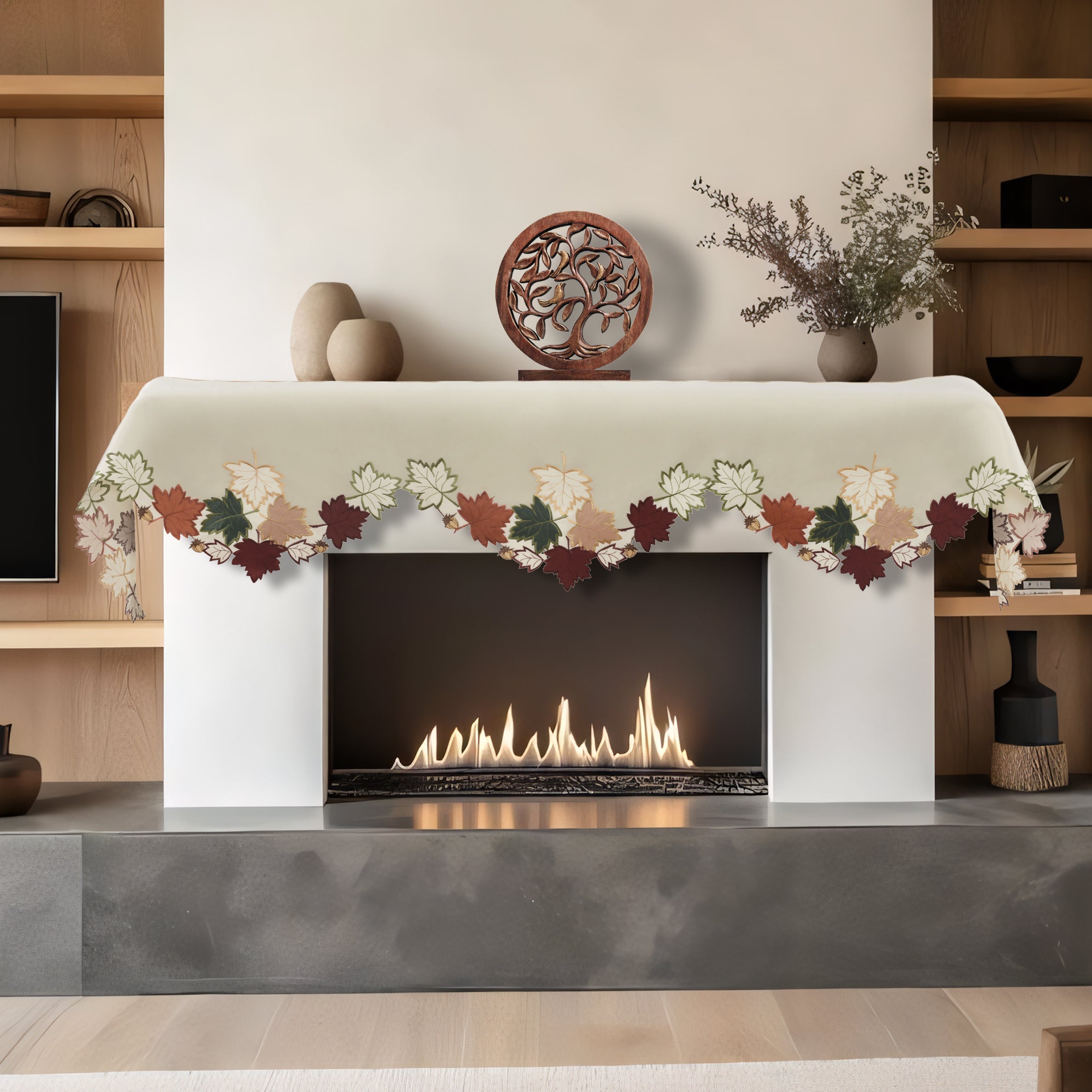 Falling Petals – Cream White Mantel Scarf Cover, The Falling Petals Collection Artistic Embroidered Home Décor 18x90 inch