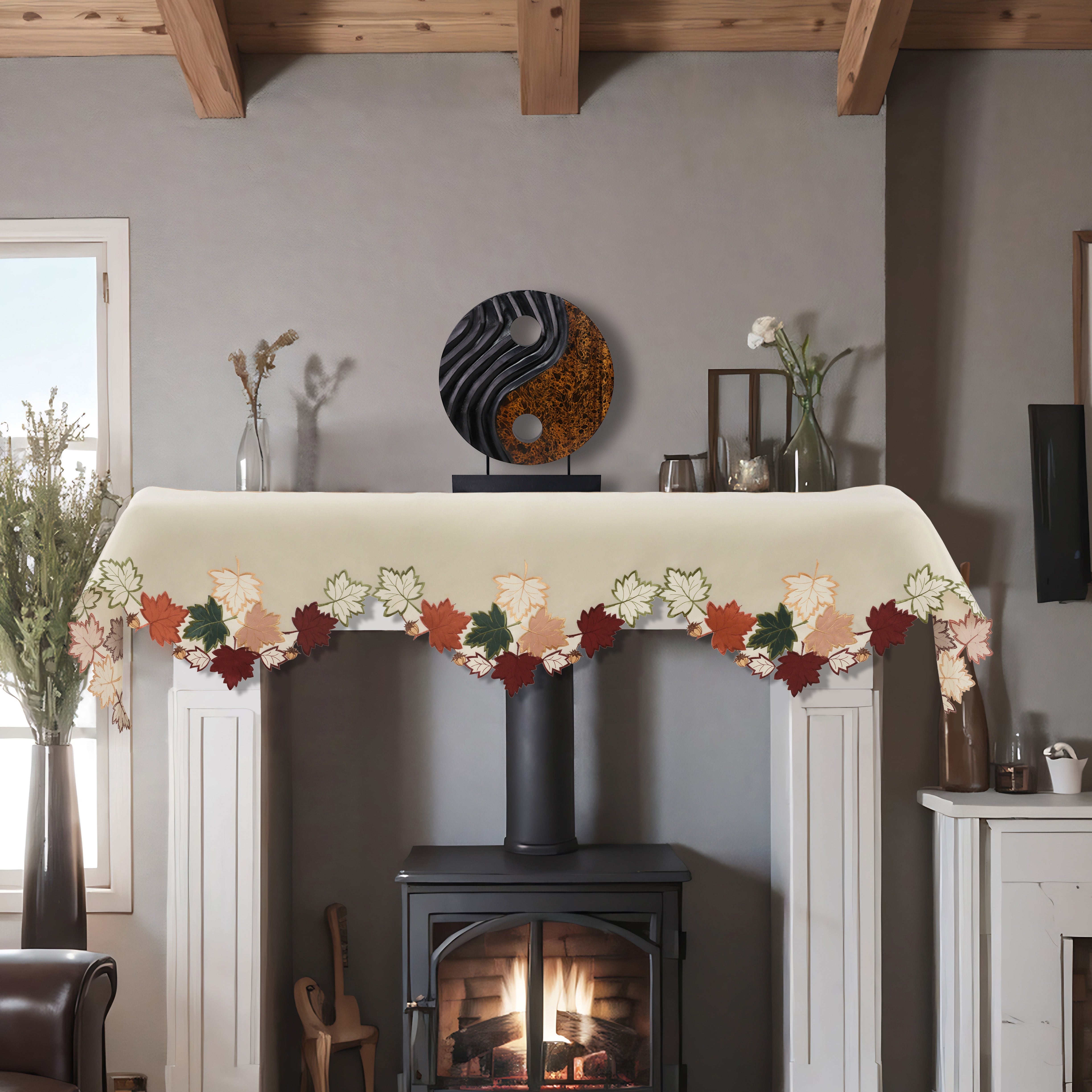 Falling Petals – Cream White Mantel Scarf Cover, The Falling Petals Collection Artistic Embroidered Home Décor 18x90 inch
