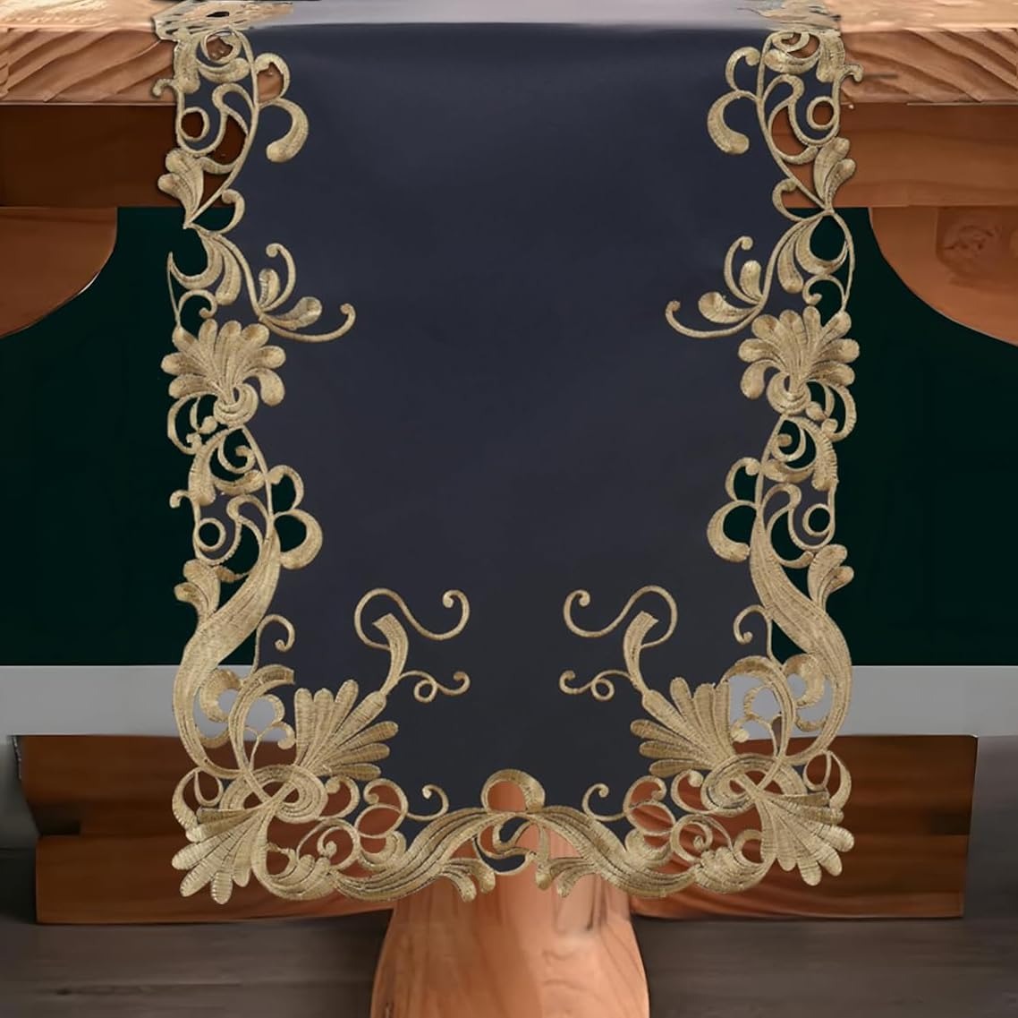 Vintage Opulence – Gold Lace Blue Table Runner, European Embroidery Table Décor 14*108 inch