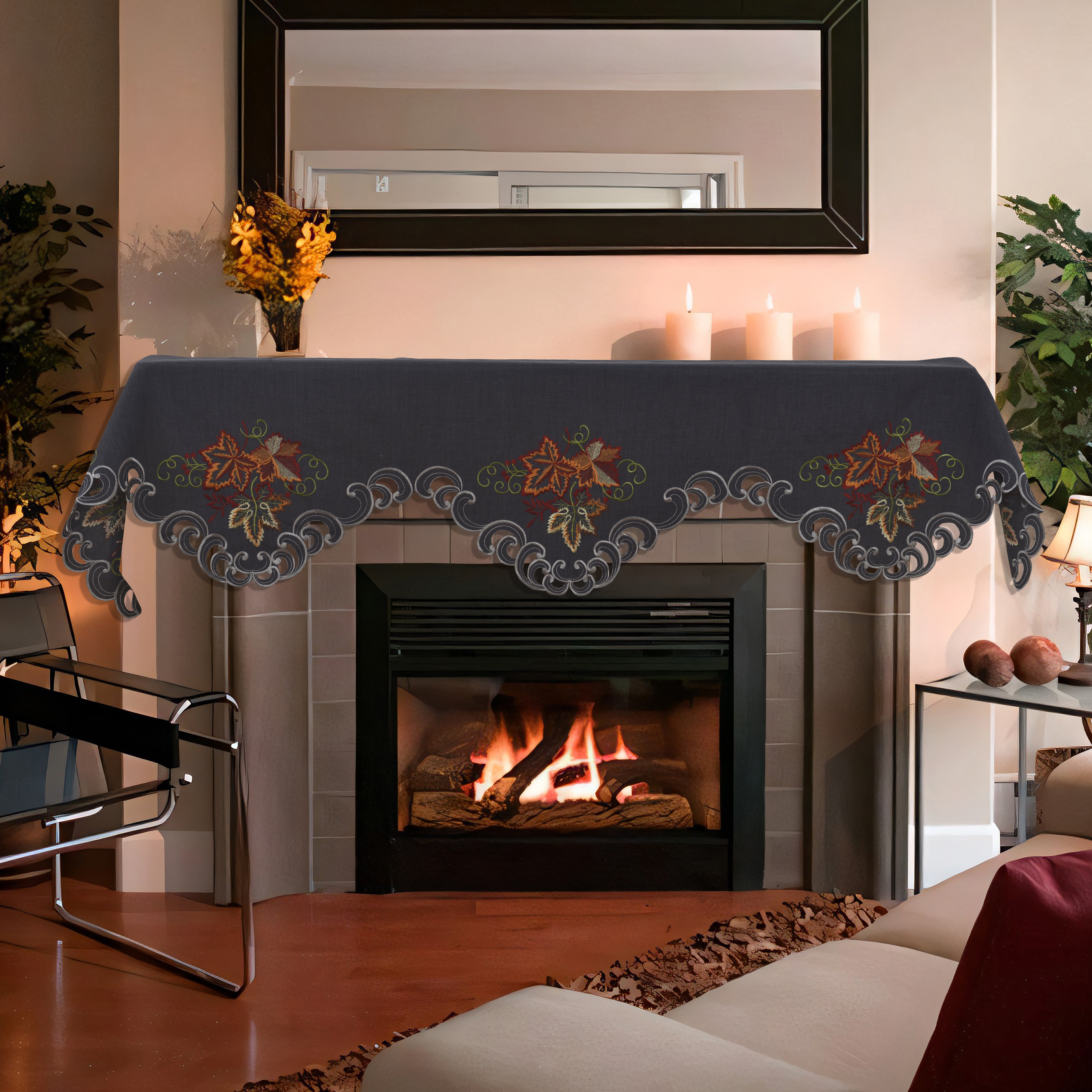 Charcoal Fleur – Charcoal Gray Mantel Scarf Cover, The Charcoal Fleur Collection Elegant Embroidered Home Décor 18x90 inch