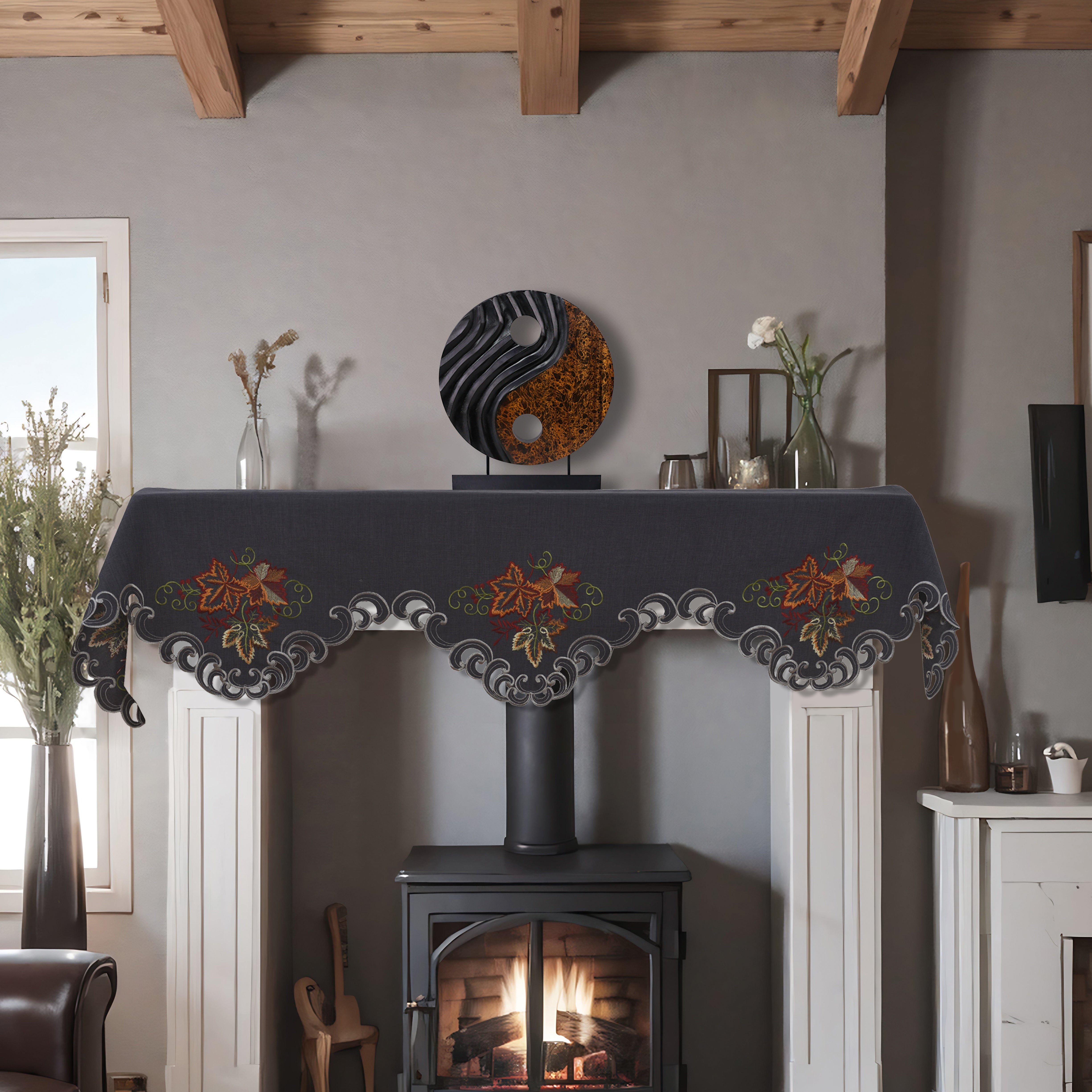 Charcoal Fleur – Charcoal Gray Mantel Scarf Cover, The Charcoal Fleur Collection Elegant Embroidered Home Décor 18x90 inch