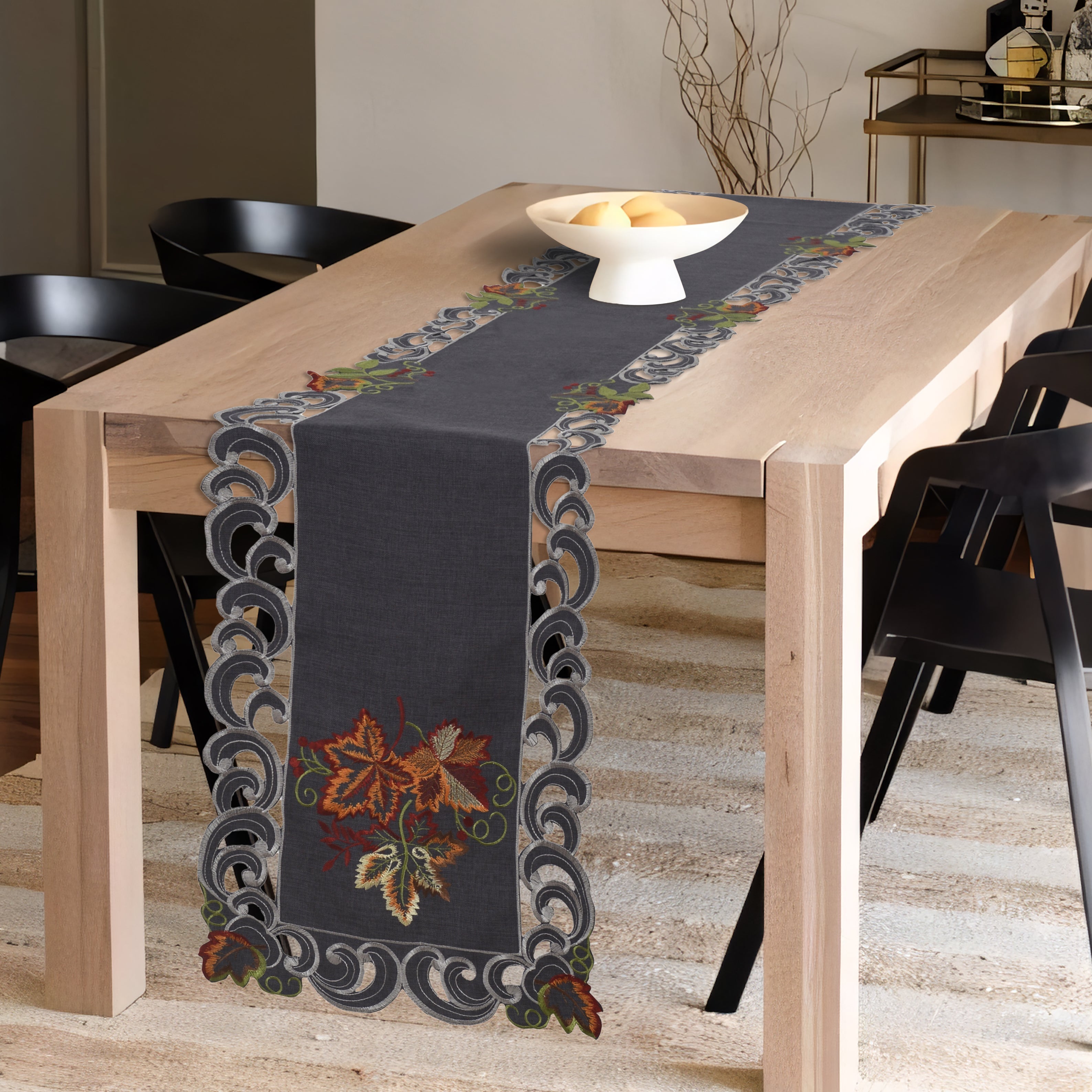 Charcoal Fleur – Charcoal Gray Table Runner, European Embroidery Decorative Dresser Scarf 14*108 inch