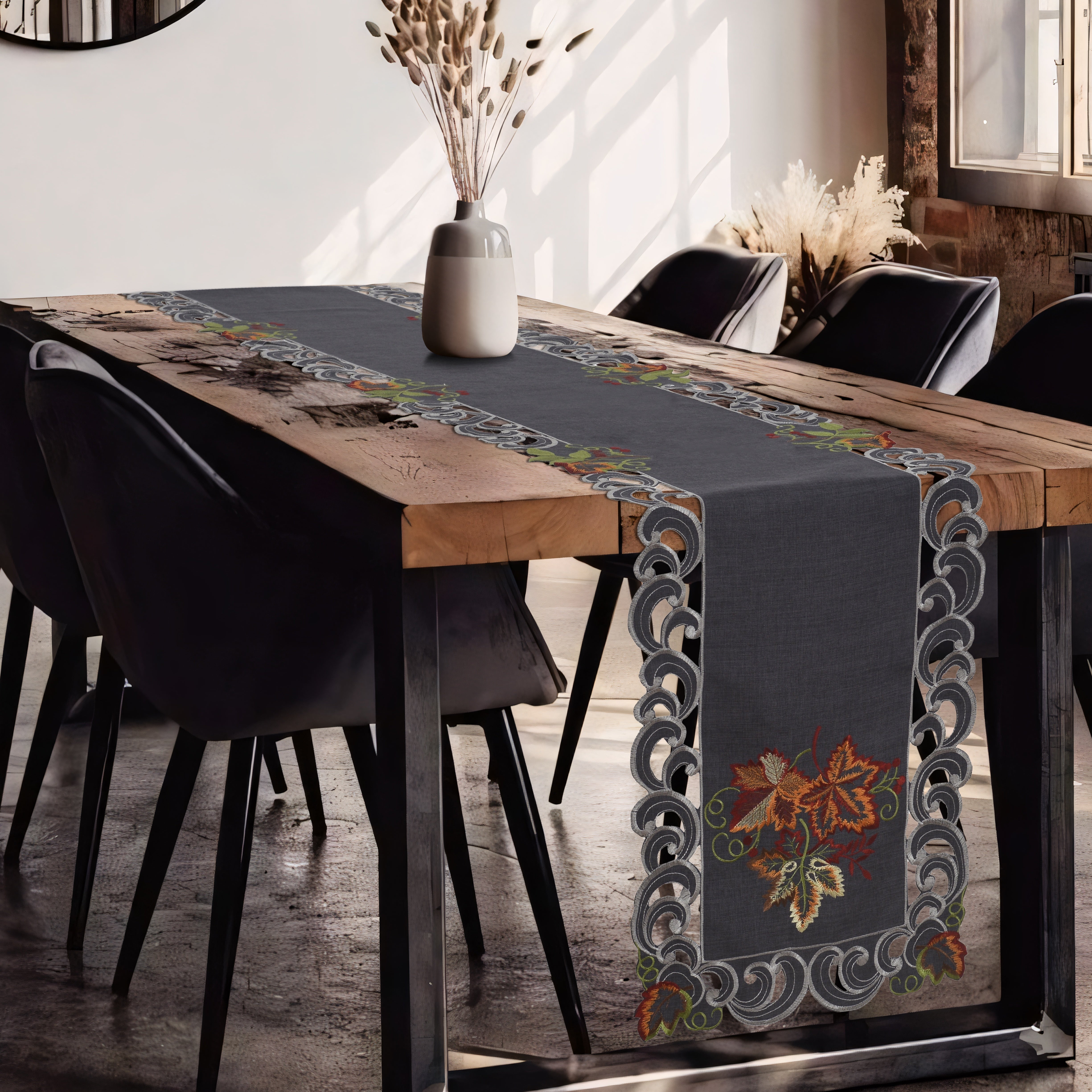 Charcoal Fleur – Charcoal Gray Table Runner, European Embroidery Decorative Dresser Scarf 14*108 inch