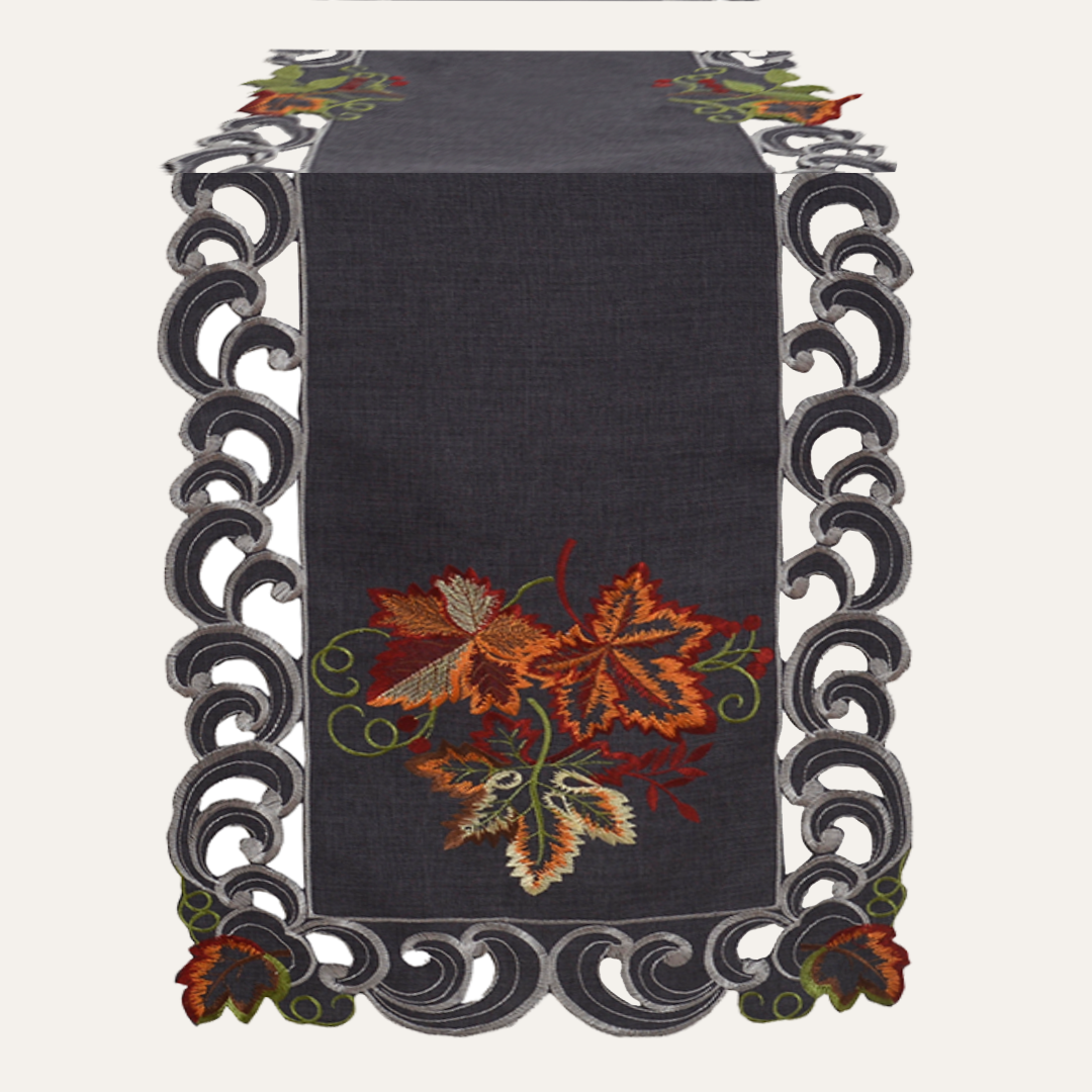 Charcoal Fleur – Charcoal Gray Table Runner, European Embroidery Decorative Dresser Scarf 14*108 inch