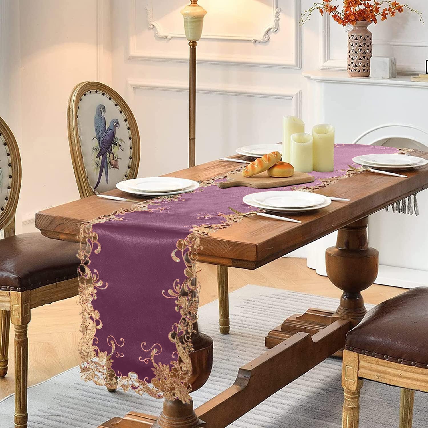 Petal Amethyst – Purple Table Runner, Falling Petals Collection European Embroidered Décor 14*108 inch