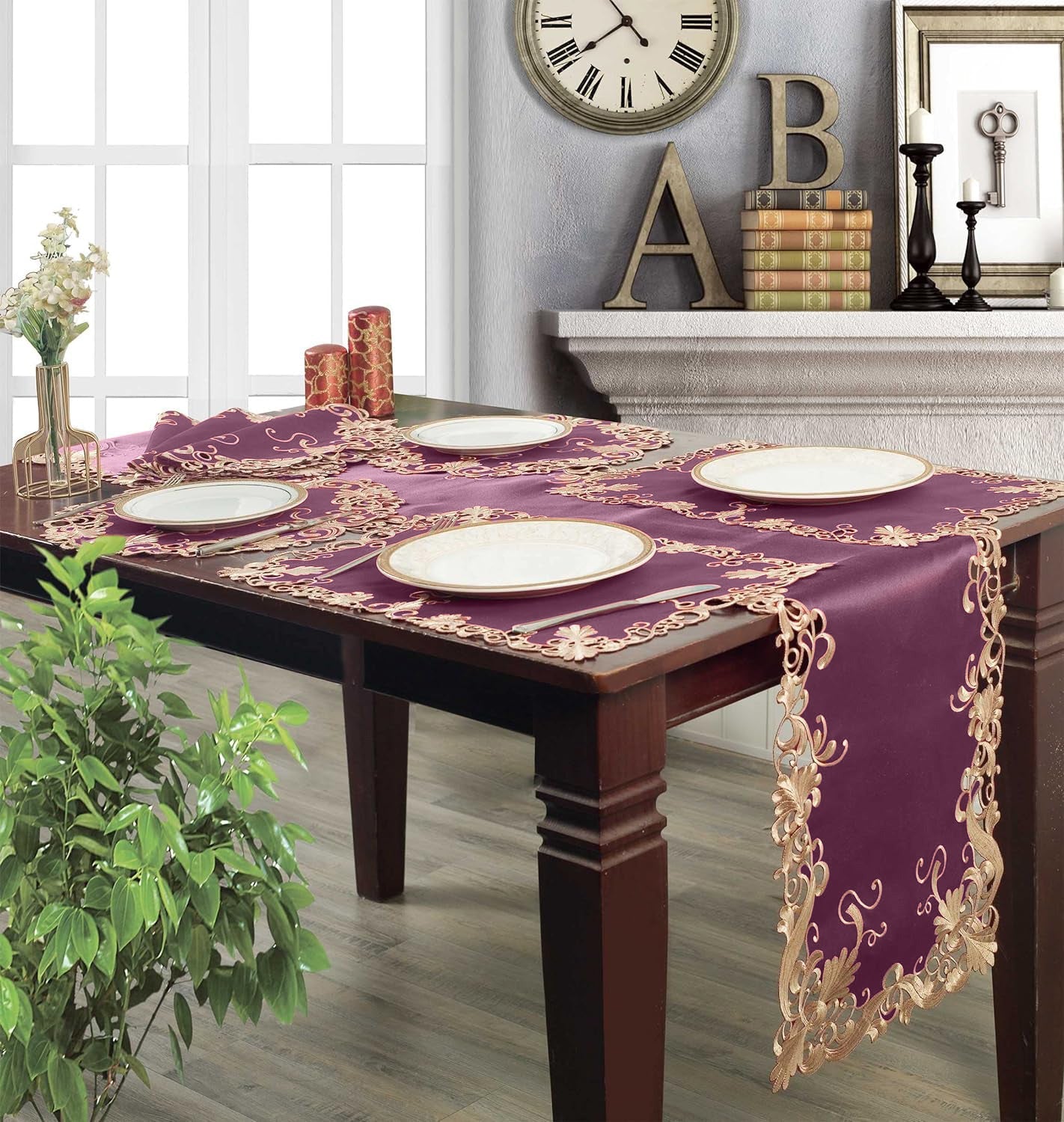 Petal Amethyst – Purple Table Runner, Falling Petals Collection European Embroidered Décor 14*108 inch
