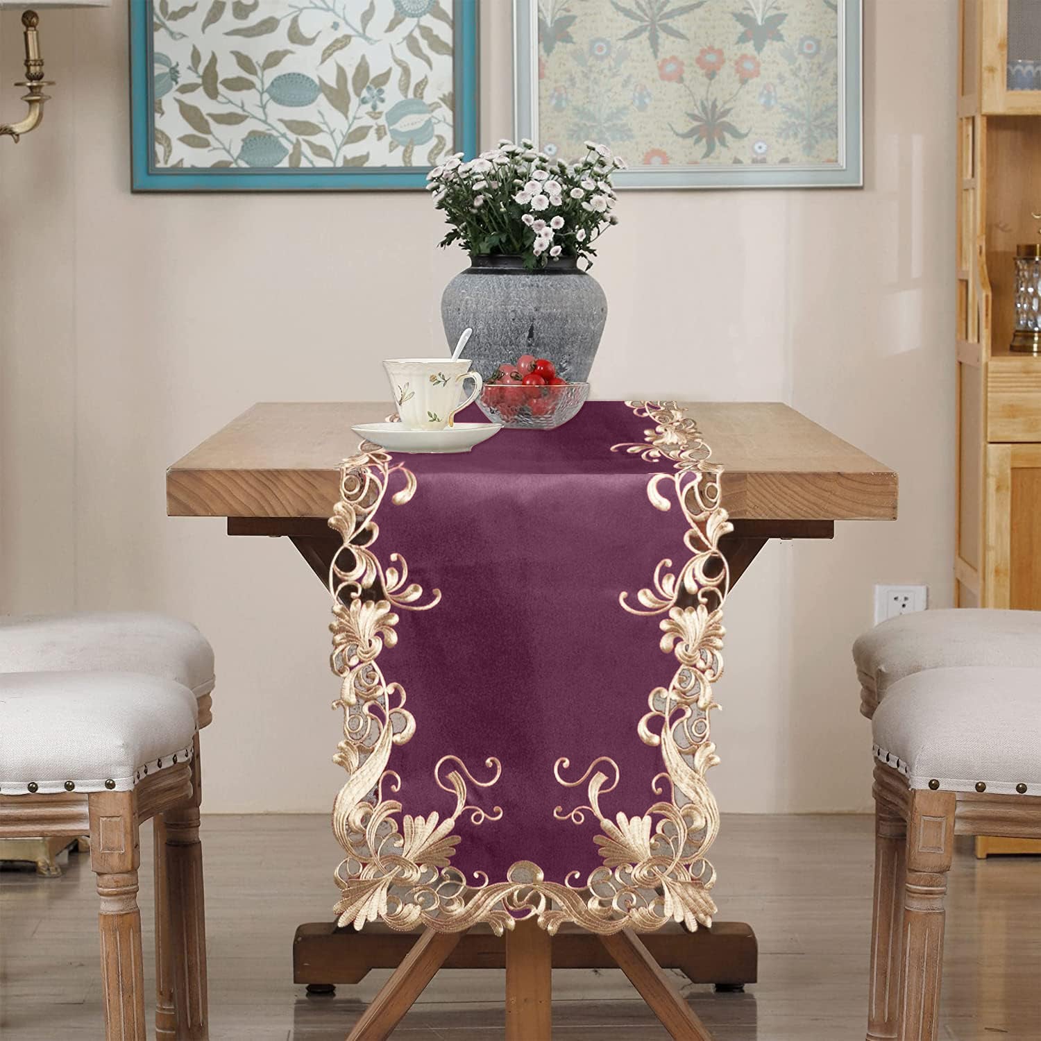 Petal Amethyst – Purple Table Runner, Falling Petals Collection European Embroidered Décor 14*108 inch