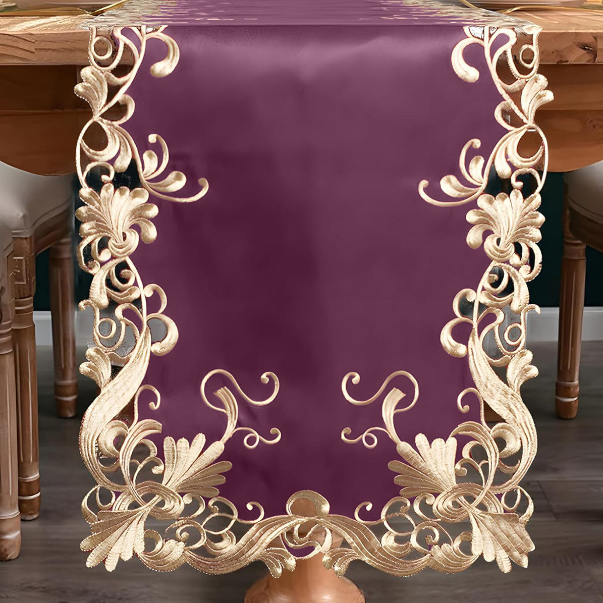 Petal Amethyst – Purple Table Runner, Falling Petals Collection European Embroidered Décor 14*108 inch