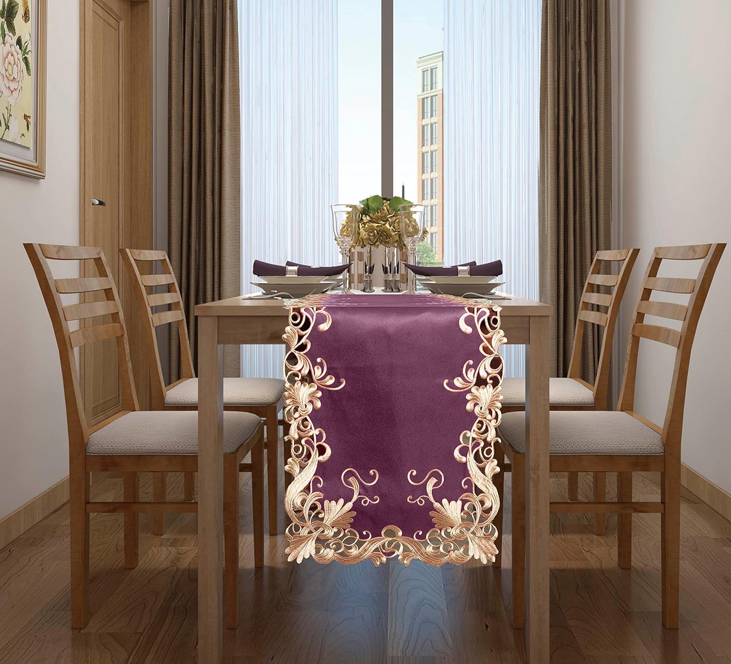 Petal Amethyst – Purple Table Runner, Falling Petals Collection European Embroidered Décor 14*108 inch