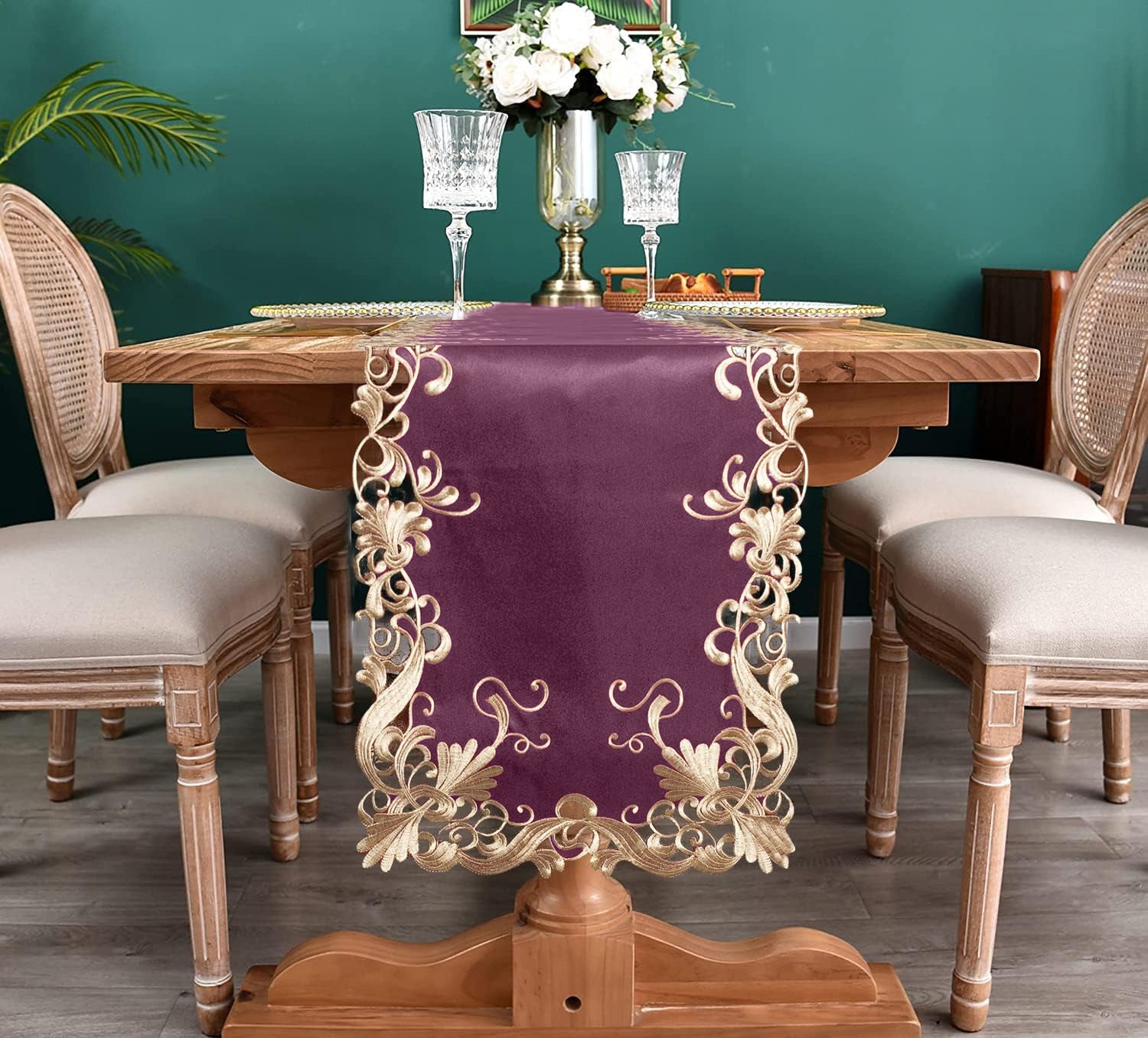 Petal Amethyst – Purple Table Runner, Falling Petals Collection European Embroidered Décor 14*108 inch
