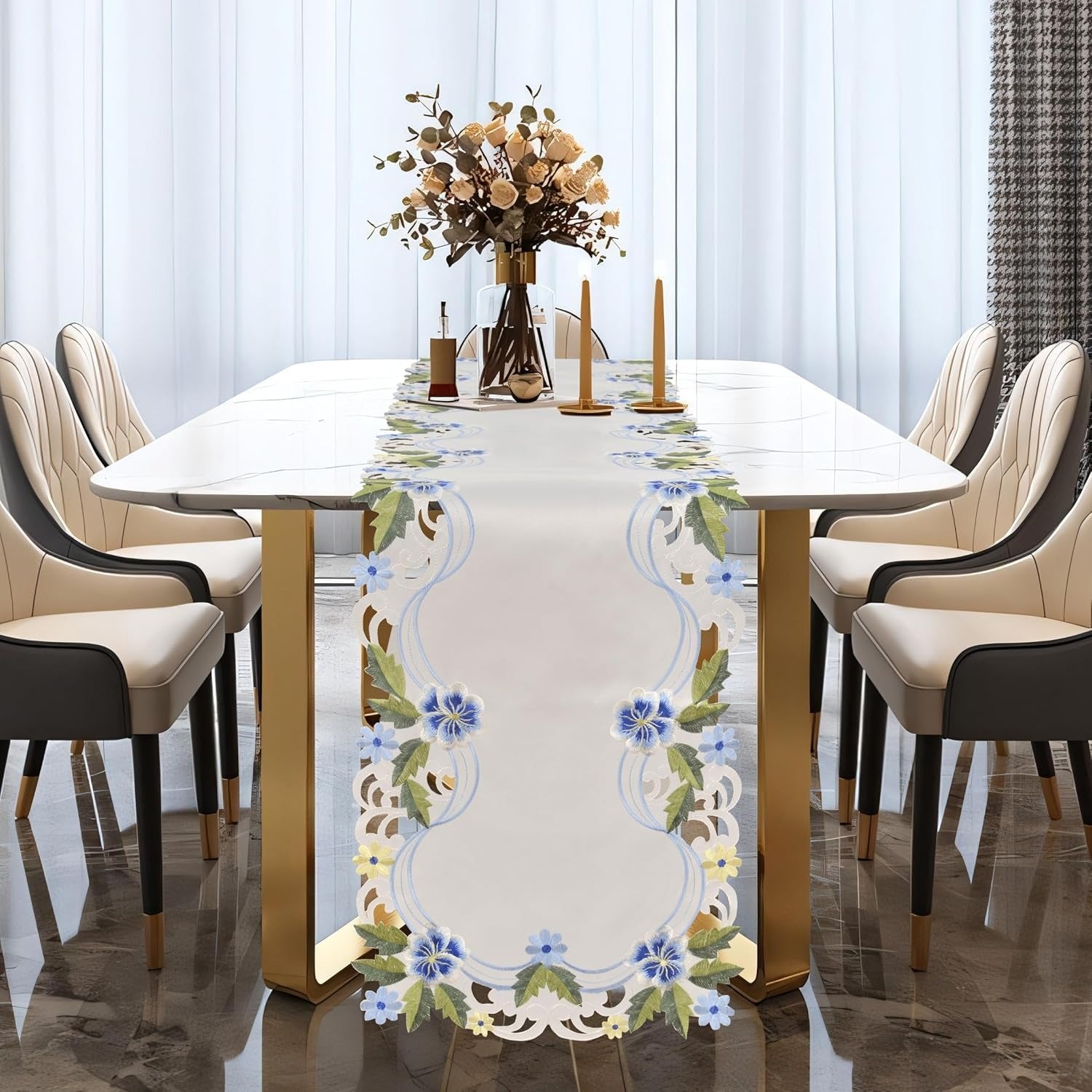 Eternal Grace – Blue and Green Lace White Table Runner, European Embroidery Decorative Décor 14*108 inch