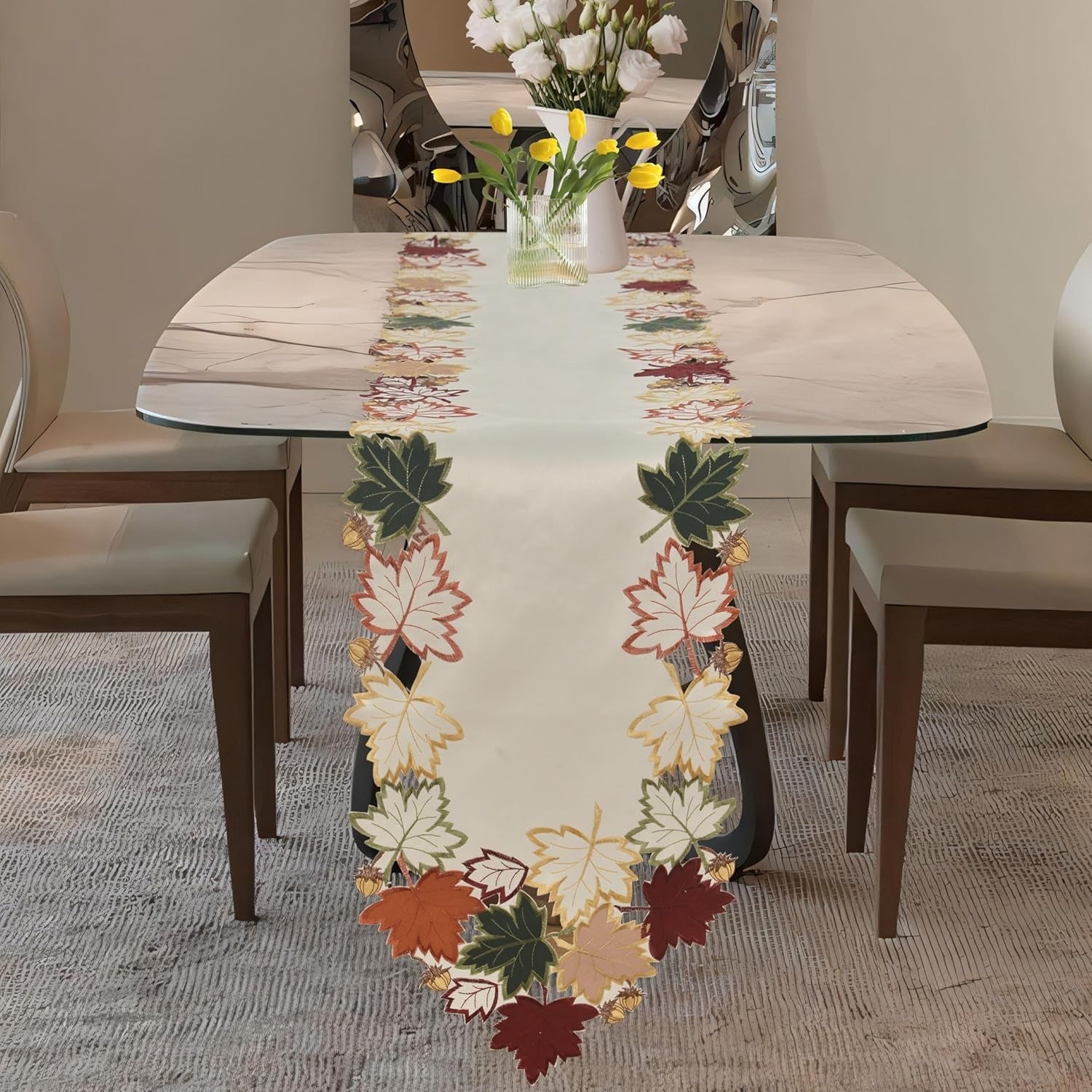 Falling Petals – Cream White Table Runner, European Embroidery Decorative Dresser Scarf 14*108 inch