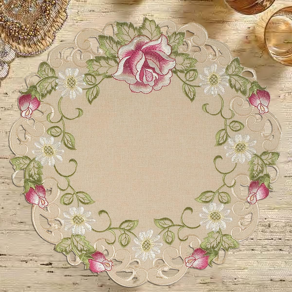 Docia Sand – Beige Table Doilies, Docia Collection Elegant Decorative Table Decor 15 inch