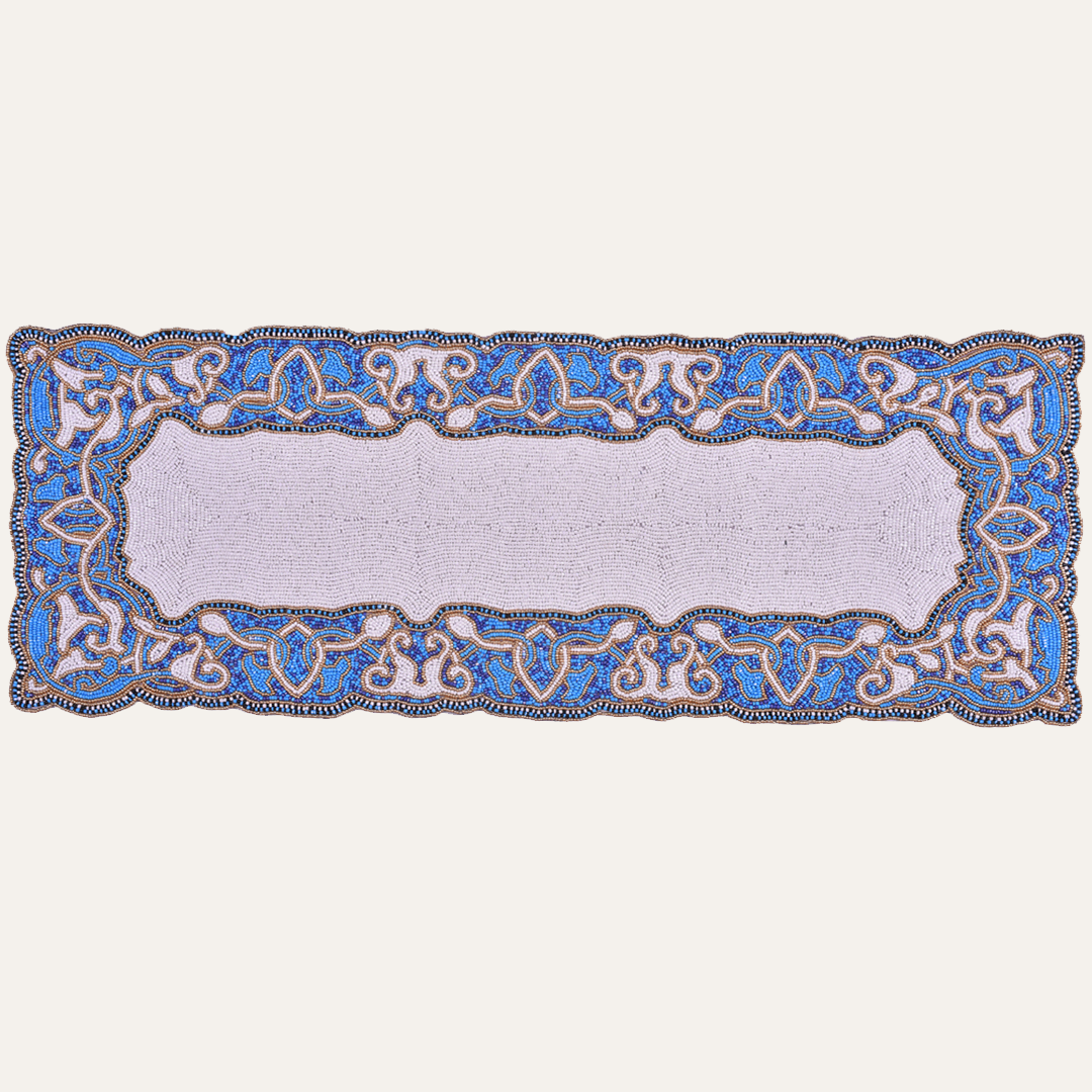 Beaded Table Runner - White Blue 54" x 13"