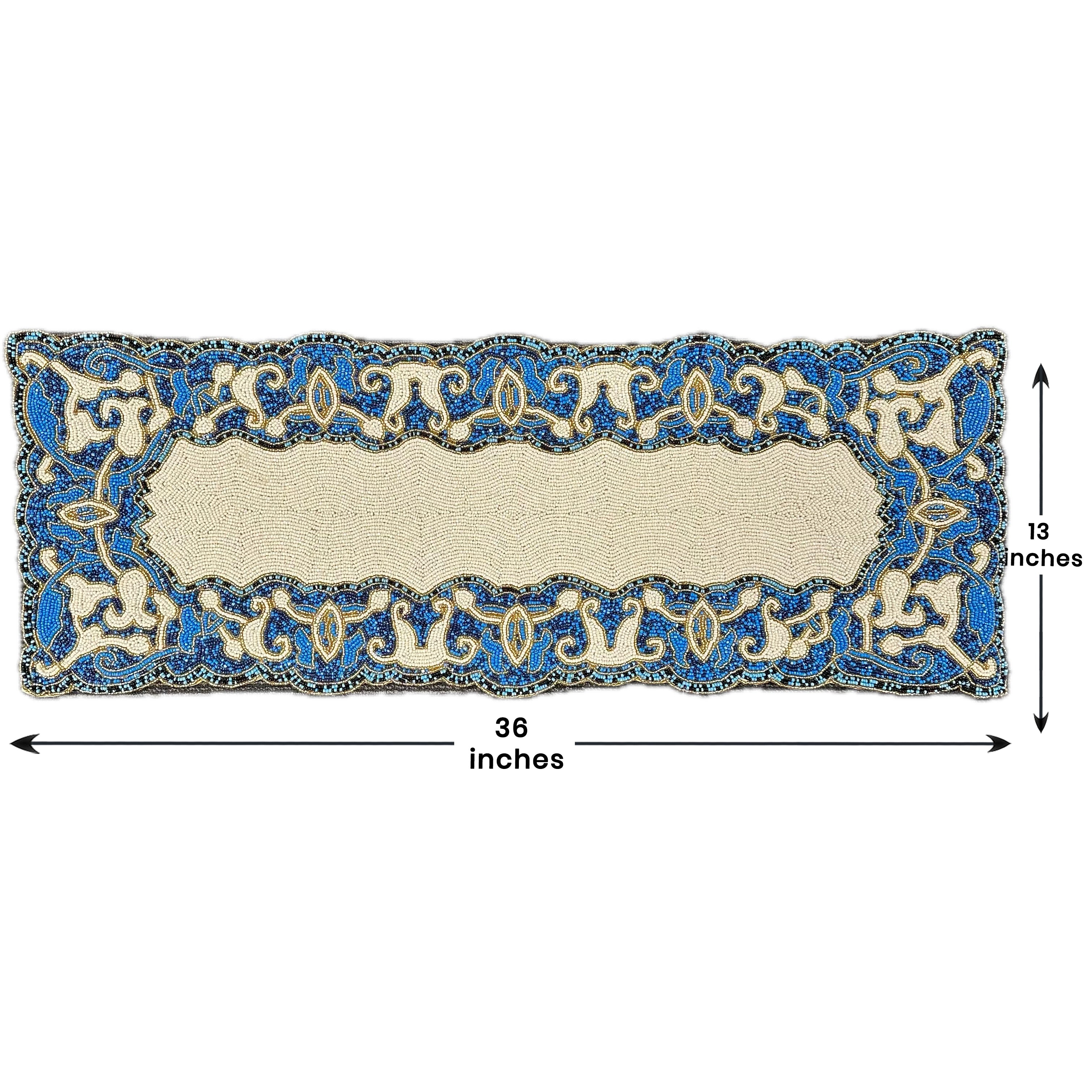 Beaded Table Runner - White Blue 36" x 13"