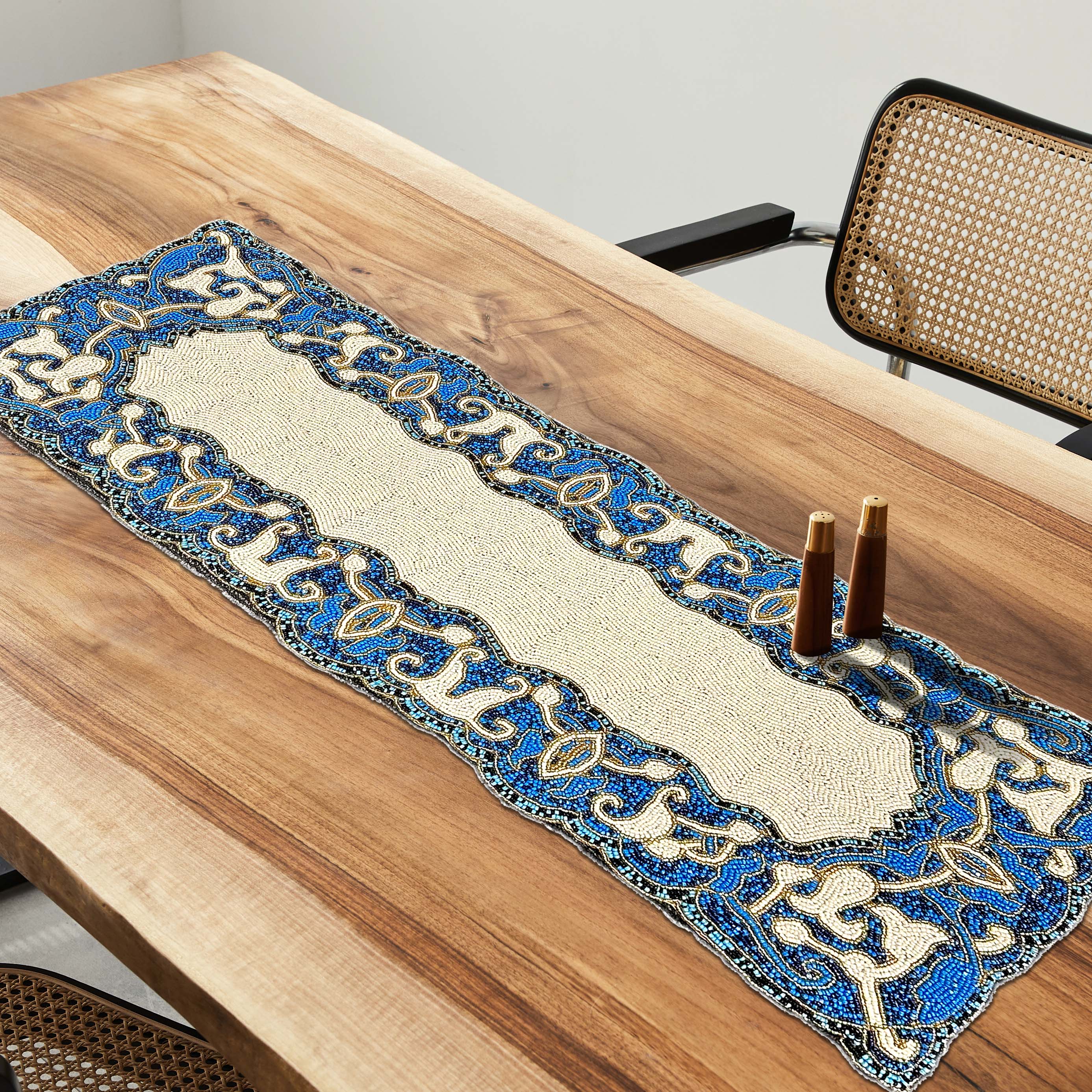 Beaded Table Runner - White Blue 36" x 13"