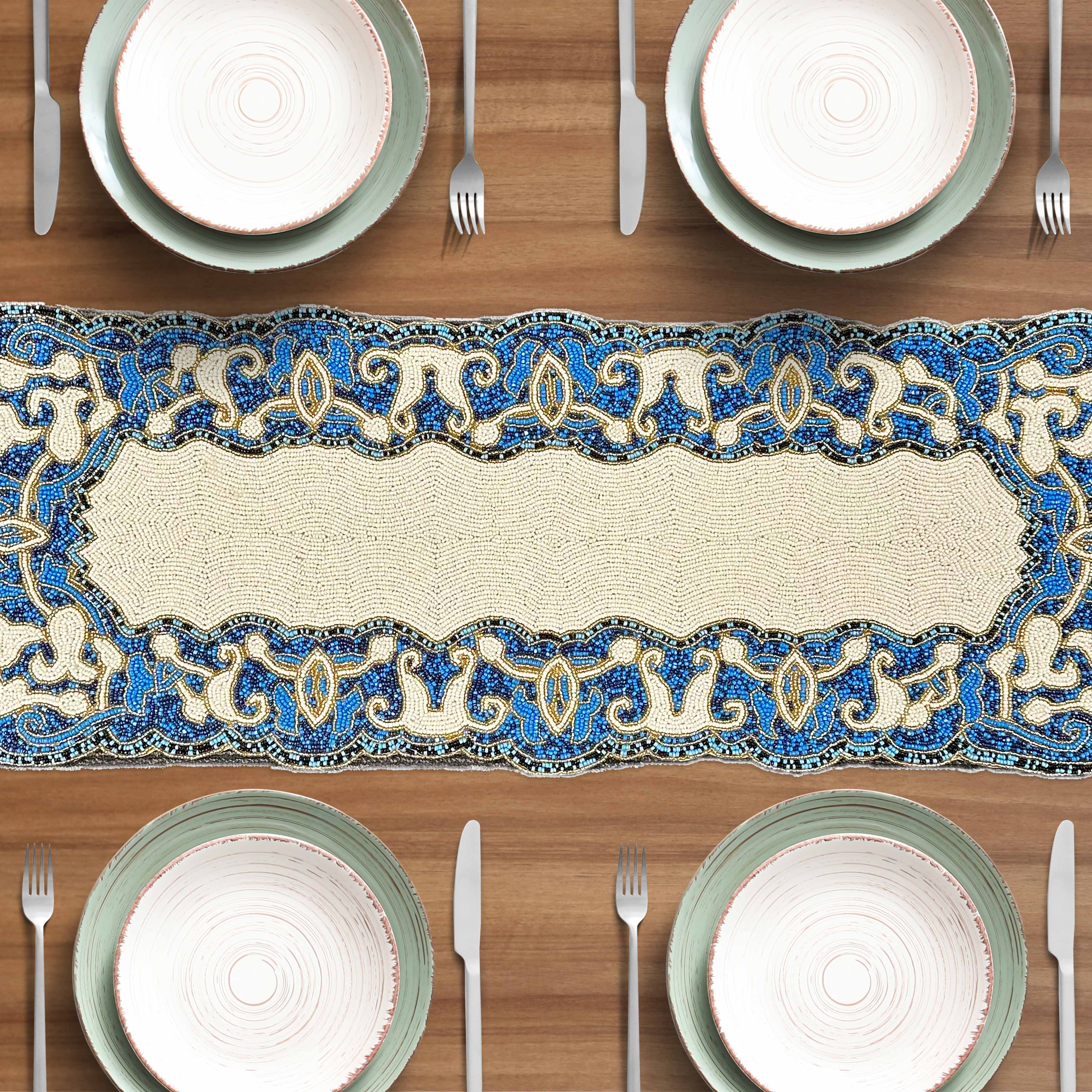 Beaded Table Runner - White Blue 36" x 13"