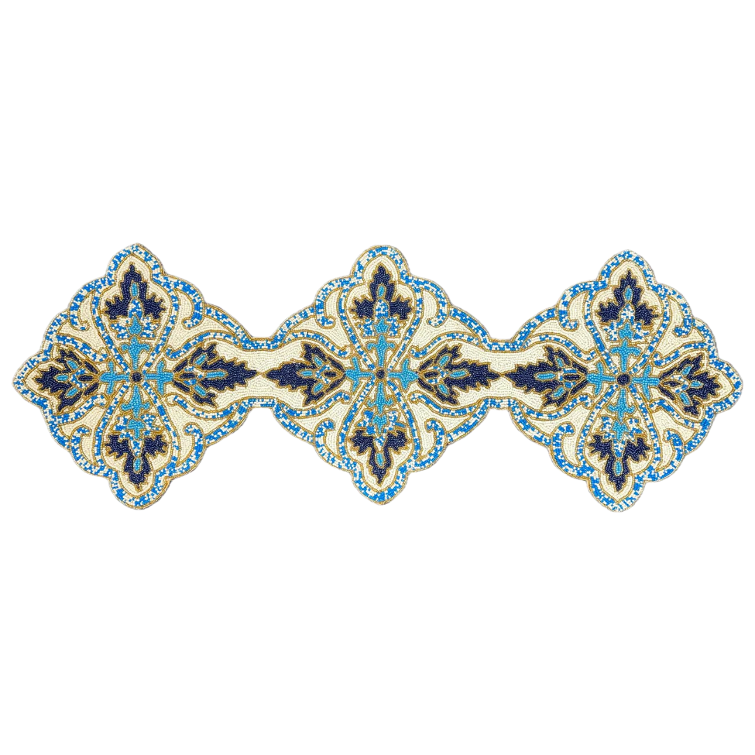 Beaded Table Runner - Blue White 54" x 13"