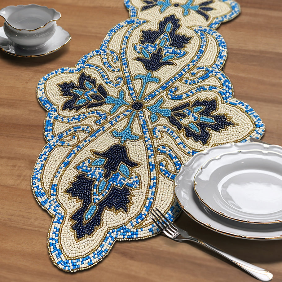 Beaded Table Runner - Blue White 36" x 13"