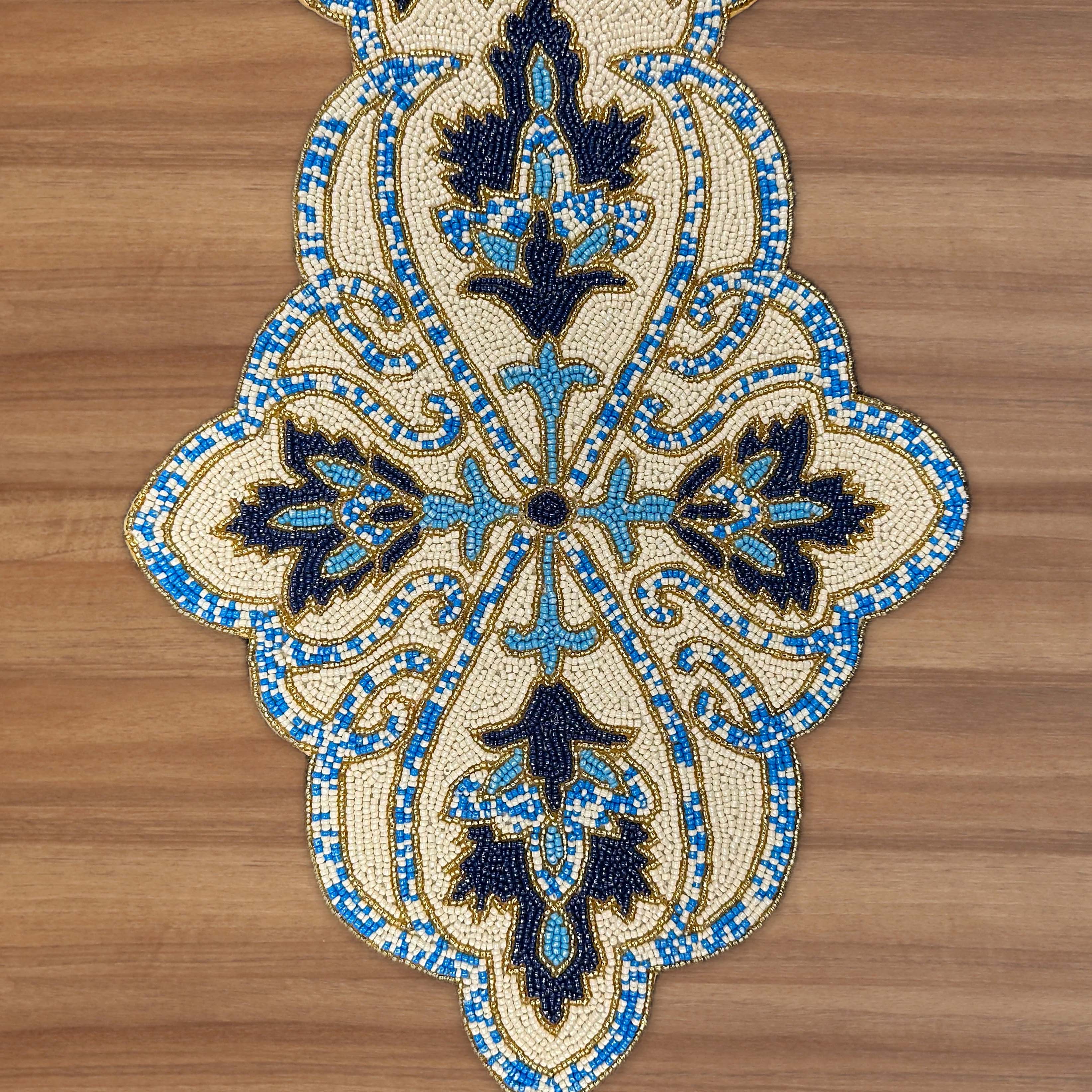 Beaded Table Runner - Blue White 36" x 13"