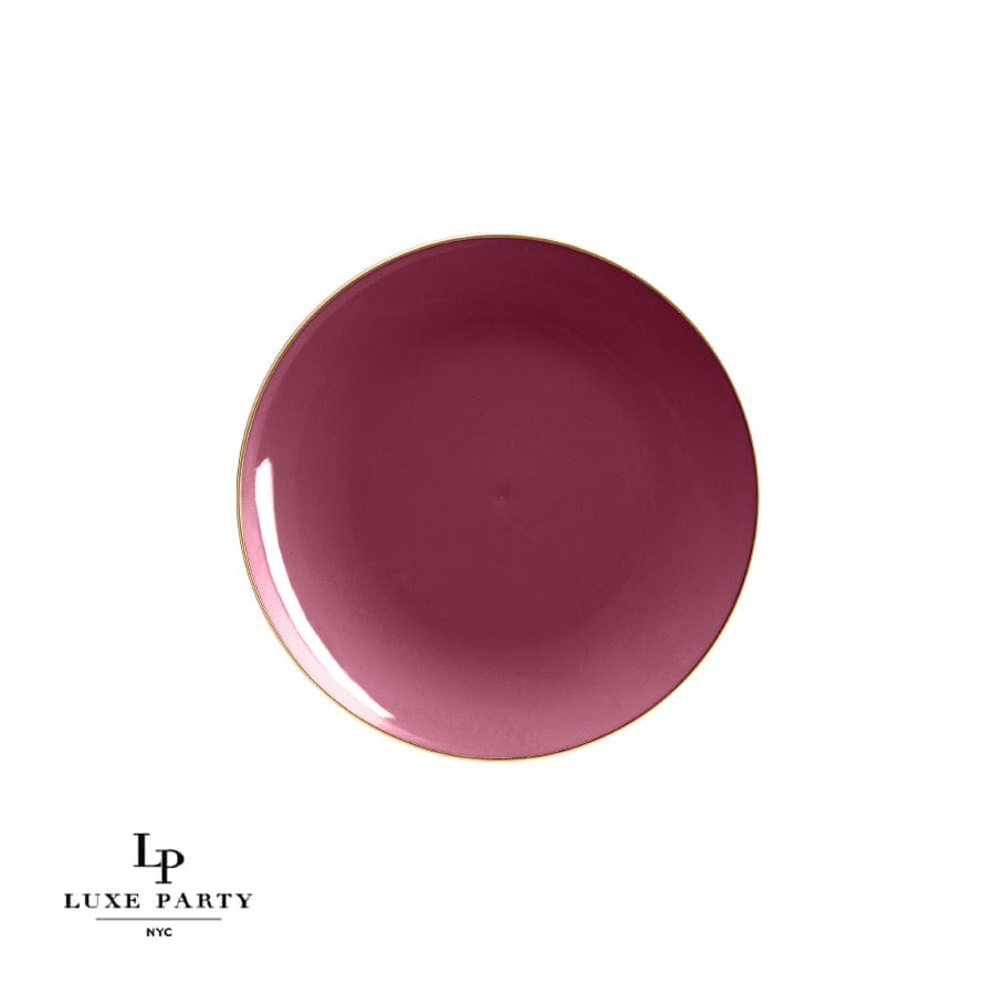 Round Cranberry Red and  Gold Plastic Plates | 10 Pack