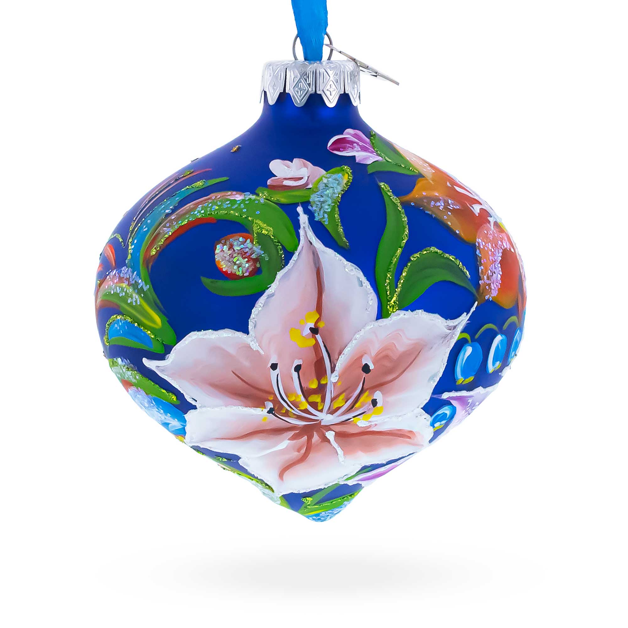 Floral Lilies Onion-Shape Finial Glass Christmas Ornament